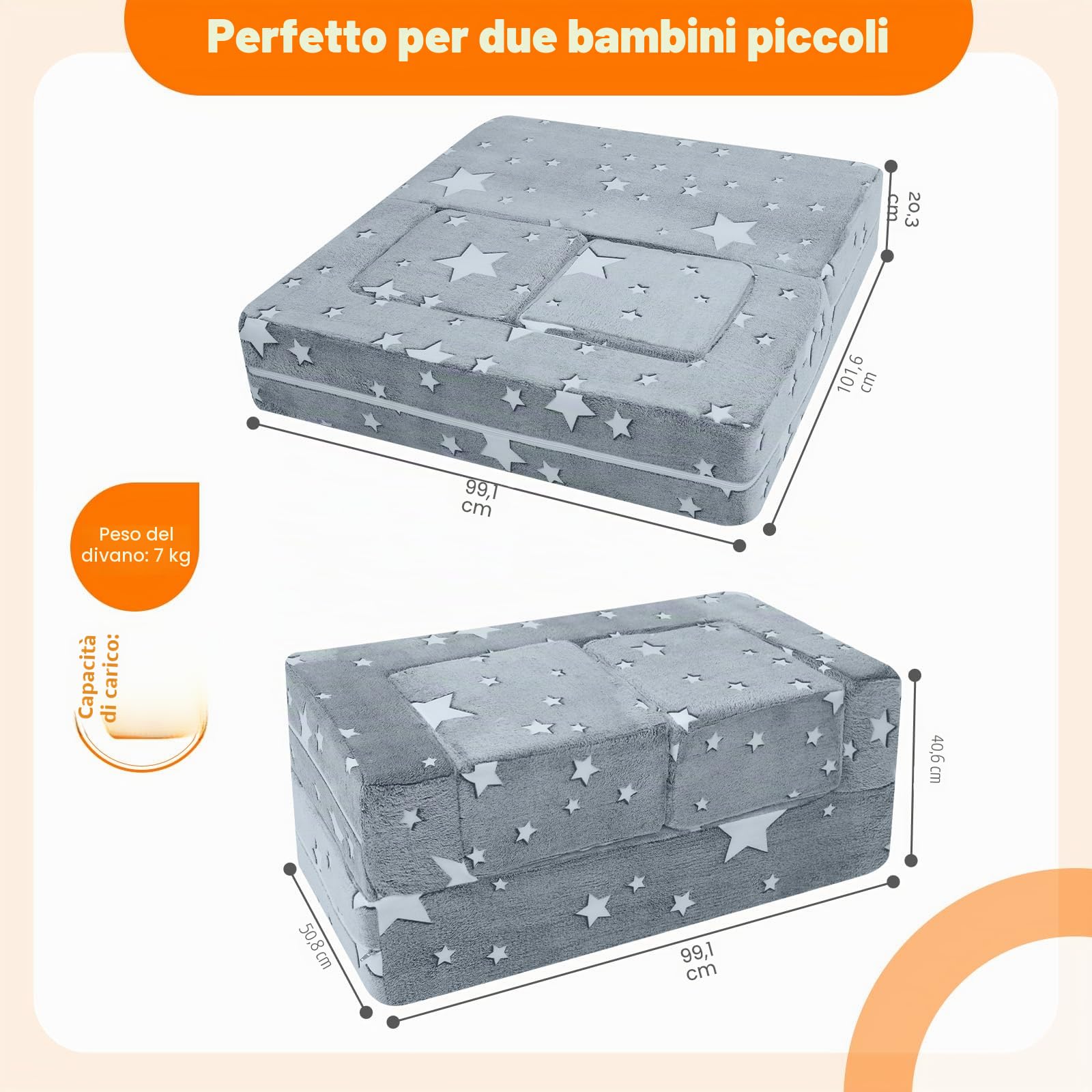 MeMoreCool Divano letto modulare per bambini, si illumina al buio, sedia pieghevole per bambini, mini divano per camera da letto, mobili per la stanza dei giochi, stella grigia