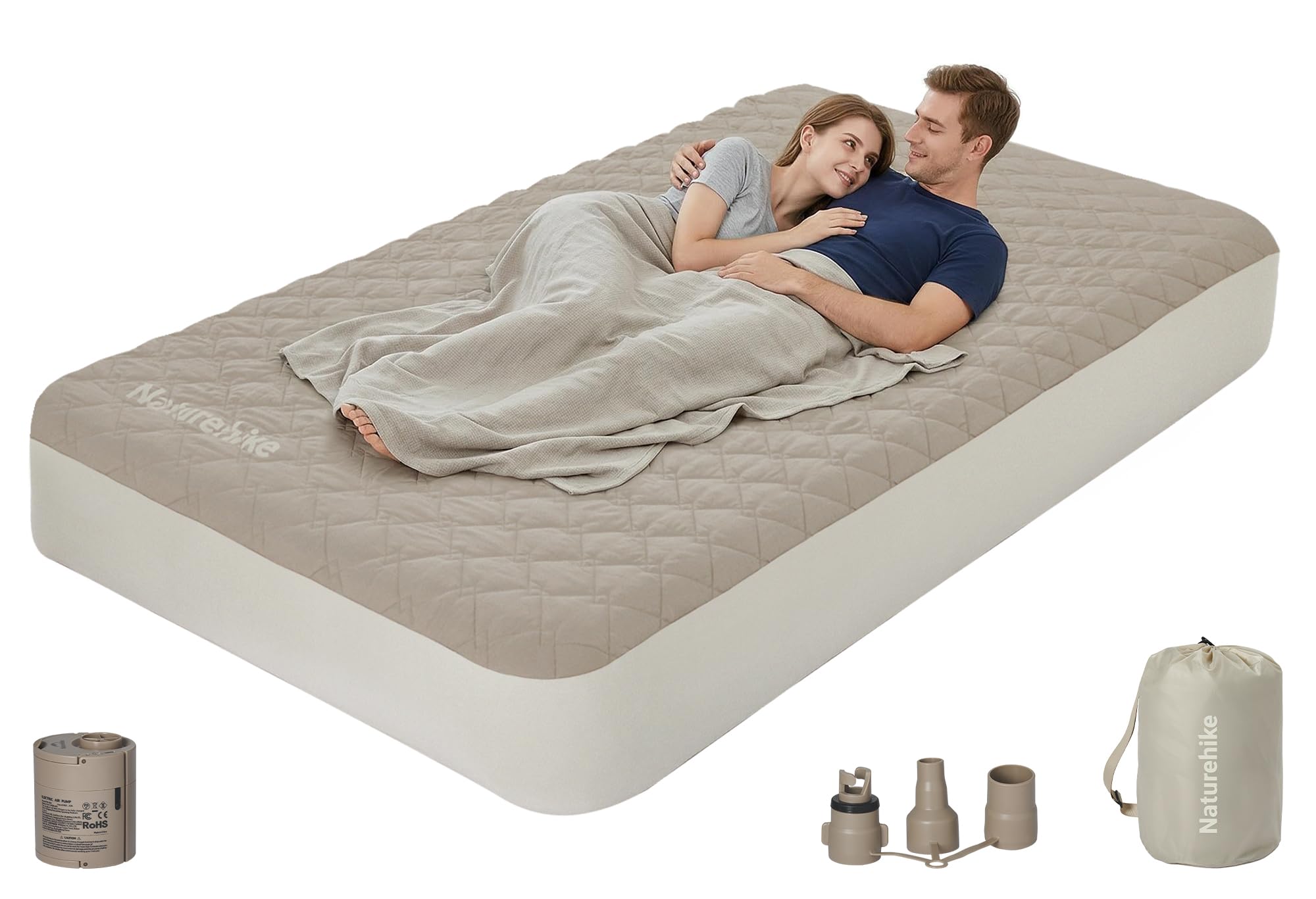 Naturehike Youmeng Luftmatratze mit mattierter Oberfläche und eingebauter Pumpe, 205 x 155 x 20 cm (für 2 Personen) und eignet Sich für Zuhause, im Freien und als temporäres Gästezimmer