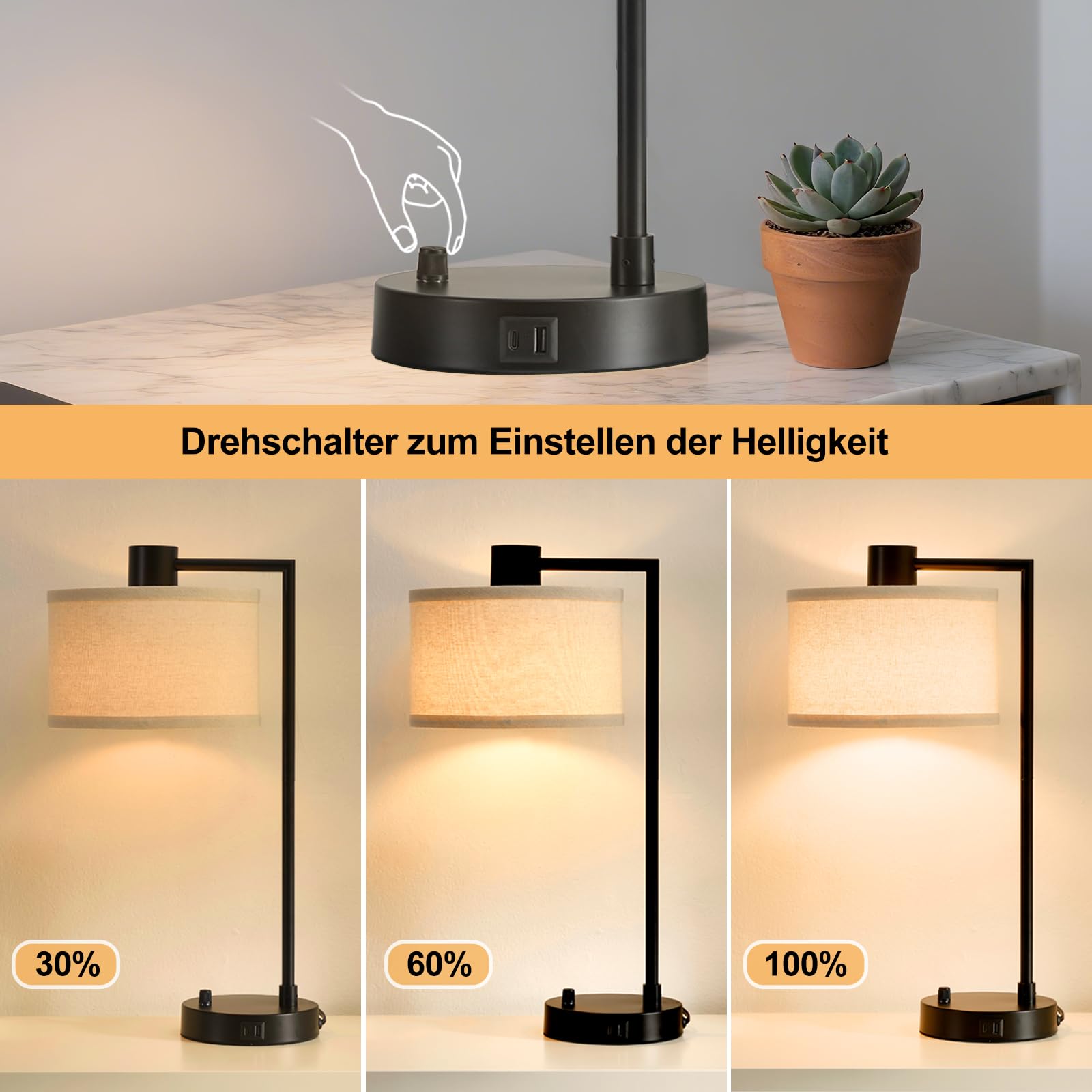 GyroVu Nachttischlampe, Tischlampe mit Ladefunktion USB A+C-Anschlüssen, Stufenlos Dimmbar, Leinen-Lampenschirm, Bedside Lampe für Wohnzimmer Studierzimmer Büro (Glühbirne inklusive)