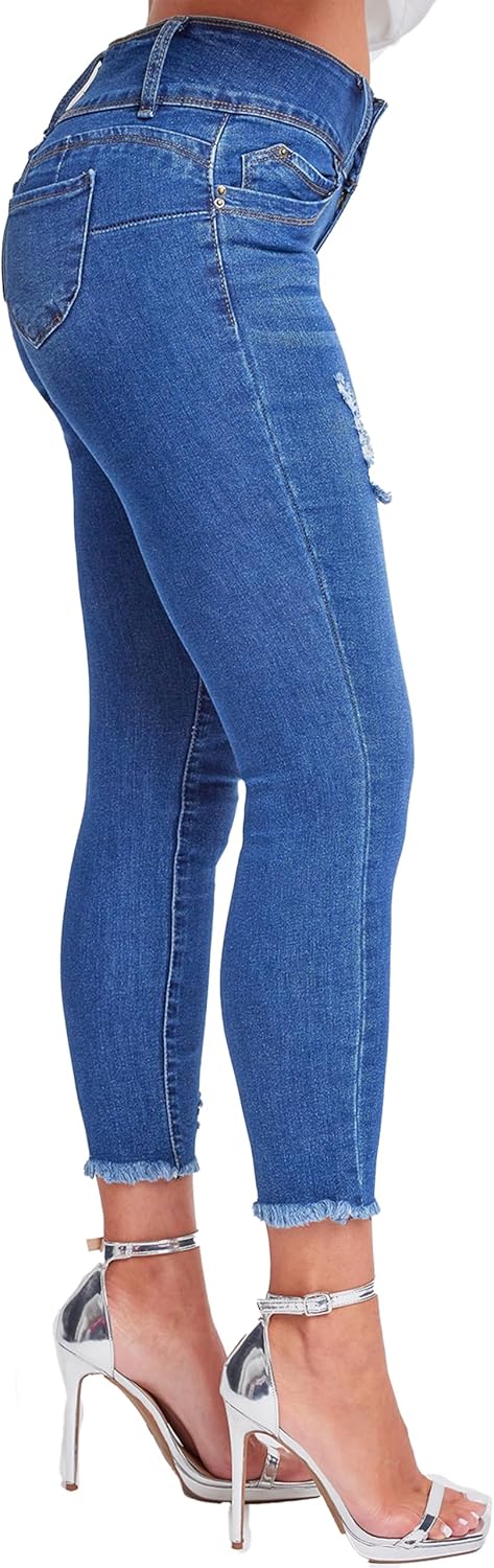 YMI Womens Junior Wannabettabutt 3-Button Mid-Rise Fray Hem Skinny Ankle Denim Jeans, Indigo Blue Rips, 7 - Image 2