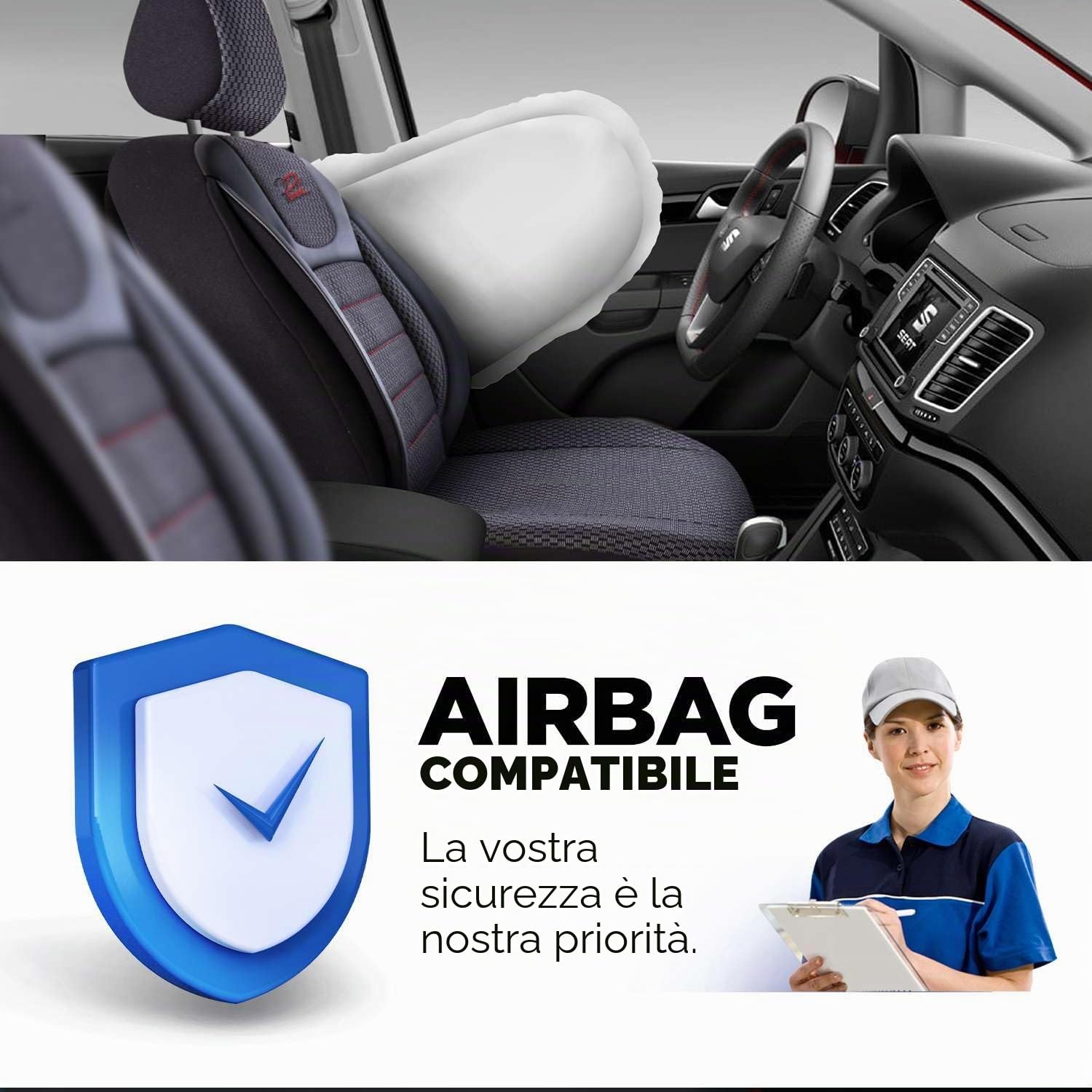 Coprisedili universali per auto e SUV - Coprisedili anteriori premium per auto realizzati in tessuto intrecciato, Nero/Rosso, Coprisedile compatibile con airbag, Coprisedile per auto