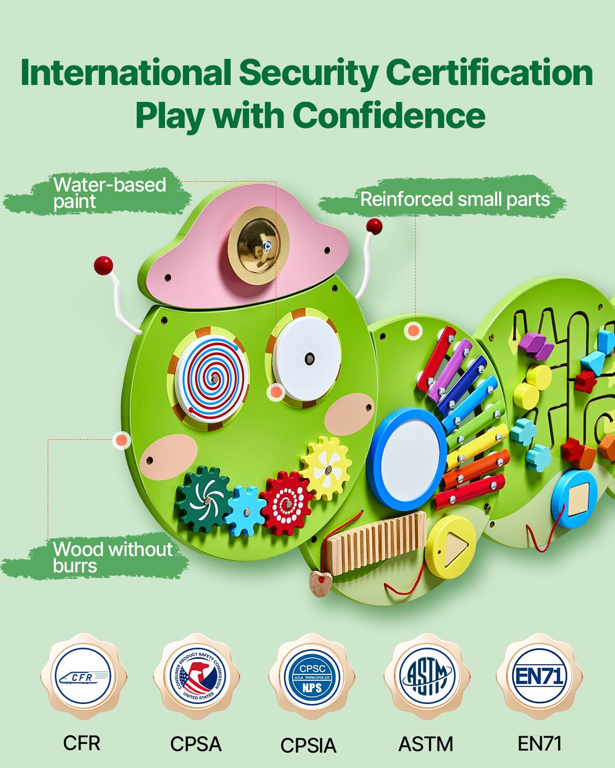 VEVOR Tablero Montessori de Pared de Oruga para Niños Pequeños 3 a 12 Años, Panel Sensorial con 12 Juegos Interactivos de MDF para Guardería Aula Motricidad Fina Sala de Juegos Infantil y Juego Diario