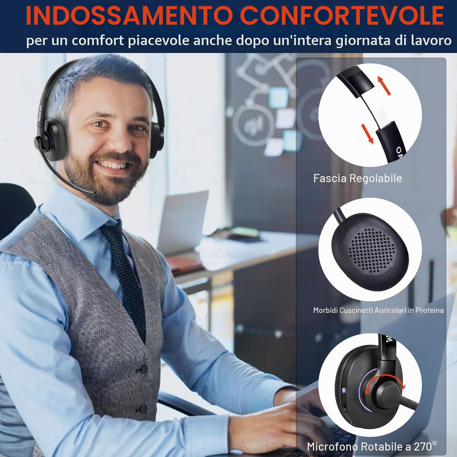Cuffie Wireless con Doppio Microfono CVC8.0 Cancellazione del Rumore | Cuffie Bluetooth per PC Cellulare Teams Ufficio Call Center, 30 Ore di Conversazione, Ultra Comfort
