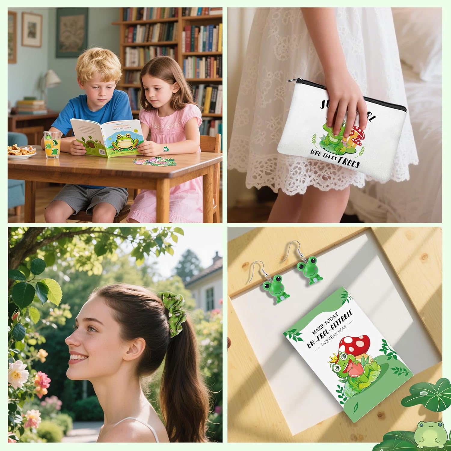 Frog Gifts for Women Cute Frog Lovers Stuff Gifts Include 16oz Glass Cup Tote Bag Maekup Bag 5 Hair Ties Earrings Socks Stickers & Card for Birthday Christmas (Classic) - Image 6