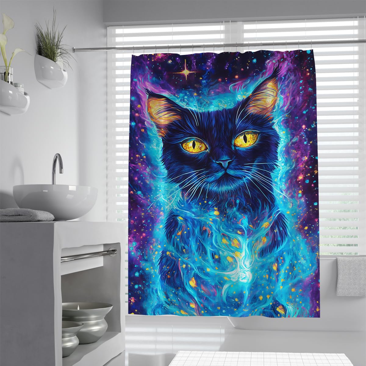 Kosmische Schwarze Katze Duschvorhang Sternendeko 180 x 200 cm