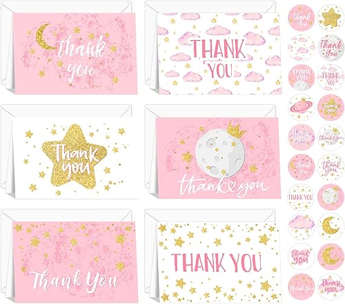 24 tarjetas de agradecimiento de estrellas con sobres y calcomanías para suministros de fiesta de baby shower, calcomanías de agradecimiento de