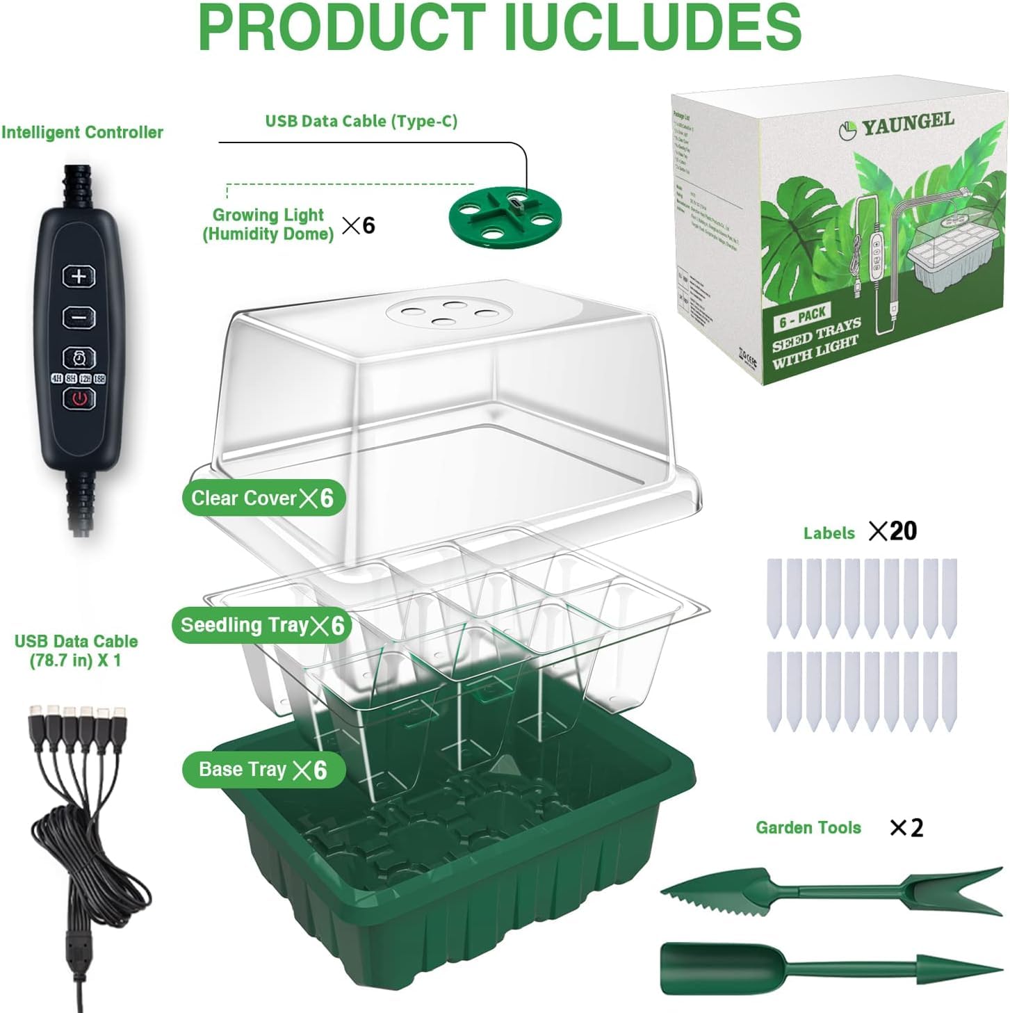 YAUNGEL Vassoio Germinazione con Luce di Coltivazione, 6 Pezzi Semenzaio per Piantine Mini Serra Propagatore con Luce di crescita Regolabile Luminosità & Umidità Propagatore di Semi Kit, Verde