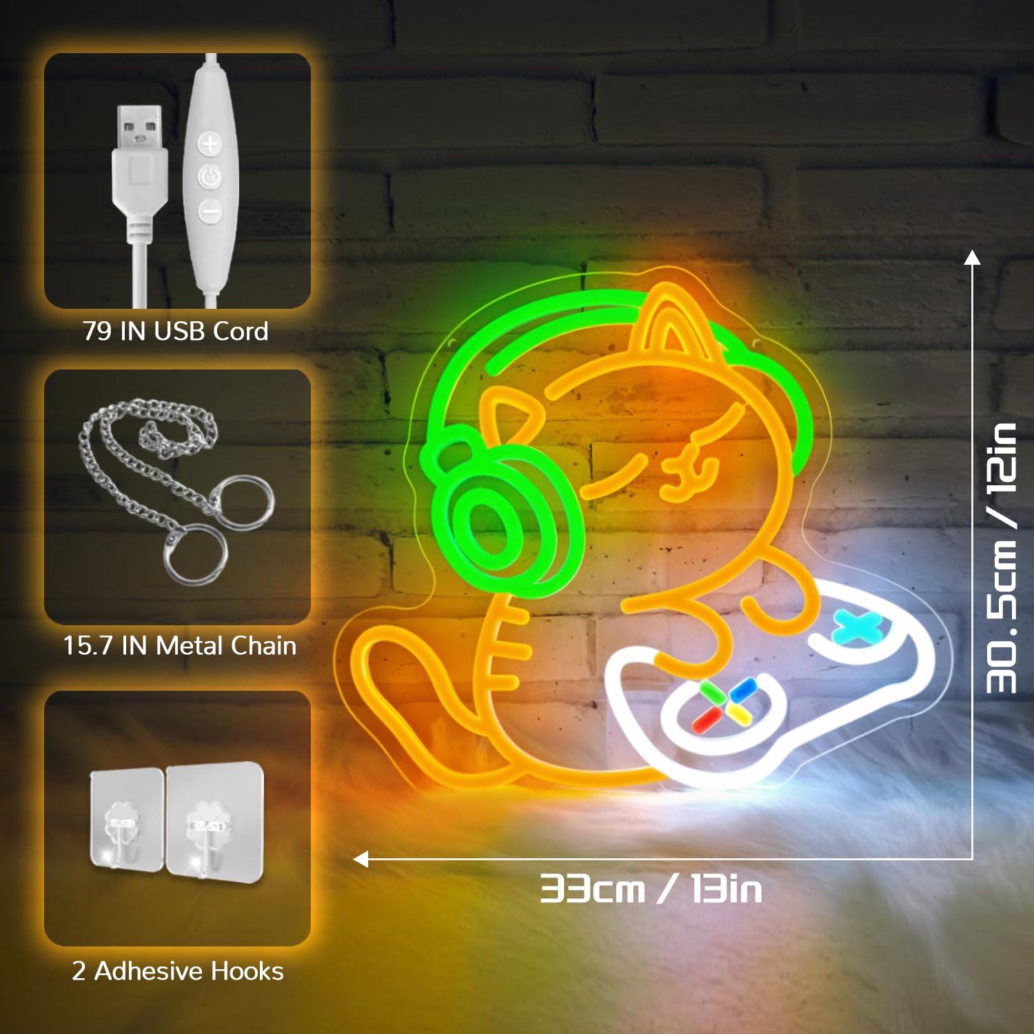 Cat Gamer Neon Sign,Cat con cuffie Led Sign,Insegne al neon per la decorazione della parete, Luce al neon LED da gioco per la stanza dei ragazzi, sala giochi, decorazione camera da letto
