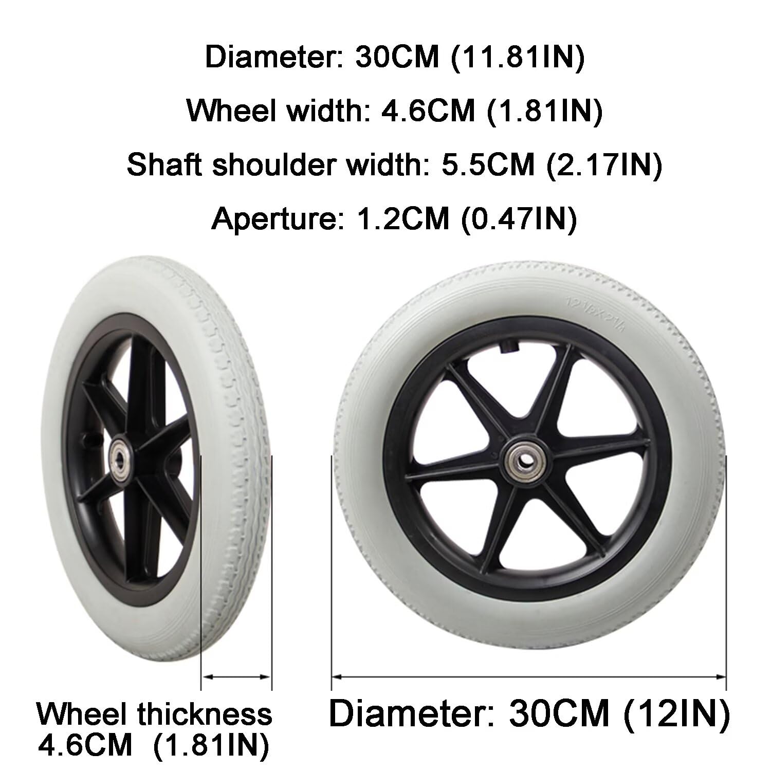 Ruote Posteriori Da 12" Per Sedia A Rotelle – Pneumatici In PU Non Gonfiabili, Grigio, Coppia, Foro Albero 1,2 Cm, Larghezza 4,6 Cm