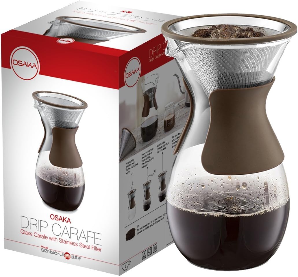 Osaka Pour Over Coffee Maker with Reusable Stainless Steel Drip Filter, 37 oz (7-Cup) Glass Carafe and Lid 'Senso-JI', Brown