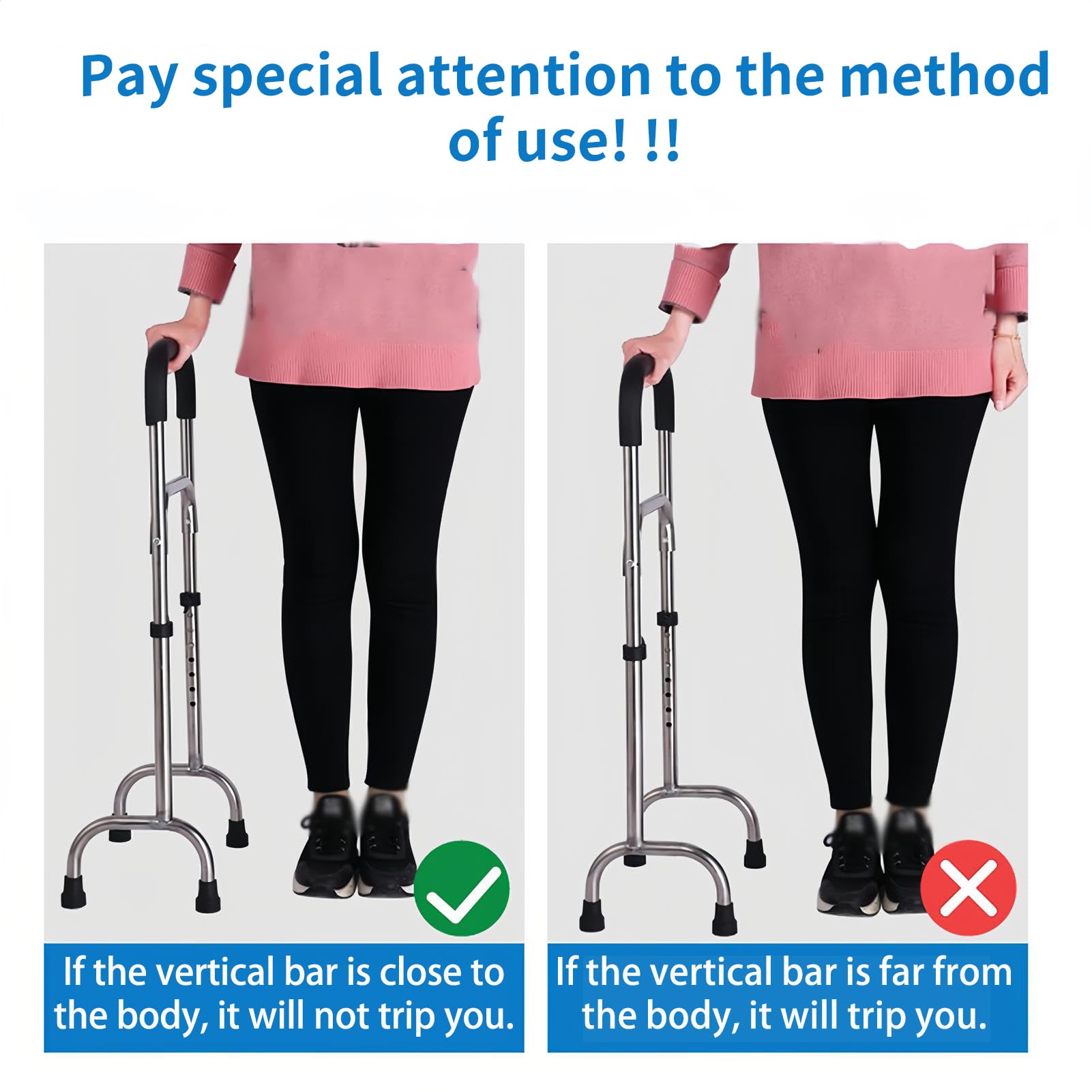 Bastón ajustable de cuatro patas, soporte estable de cuatro patas, ayuda de movilidad de acero inoxidable ligero con agarre cómodo para personas mayores