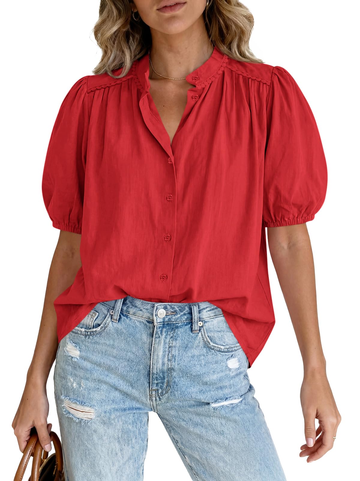 Tankaneo Camicette da donna con maniche a sbuffo e bottoni, in cotone, plissettate, vestibilità larga, estive, eleganti e casual