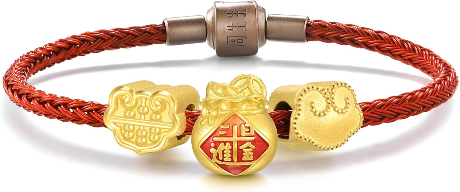 CHOW SANG SANG 999 24K Gold Charme Auspicious Blessings Charm Trio Bracelet Jewelry Set for Women 17cm 93856C 94330C 92438C