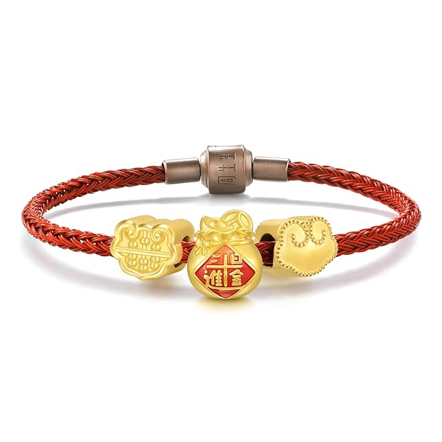 Chow Sang Sang CHOW SANG SANG 999 24K Gold Charme Auspicious Blessings Charm Trio Bracelet Jewelry Set for Women 17cm 93856C 94330C 92438C