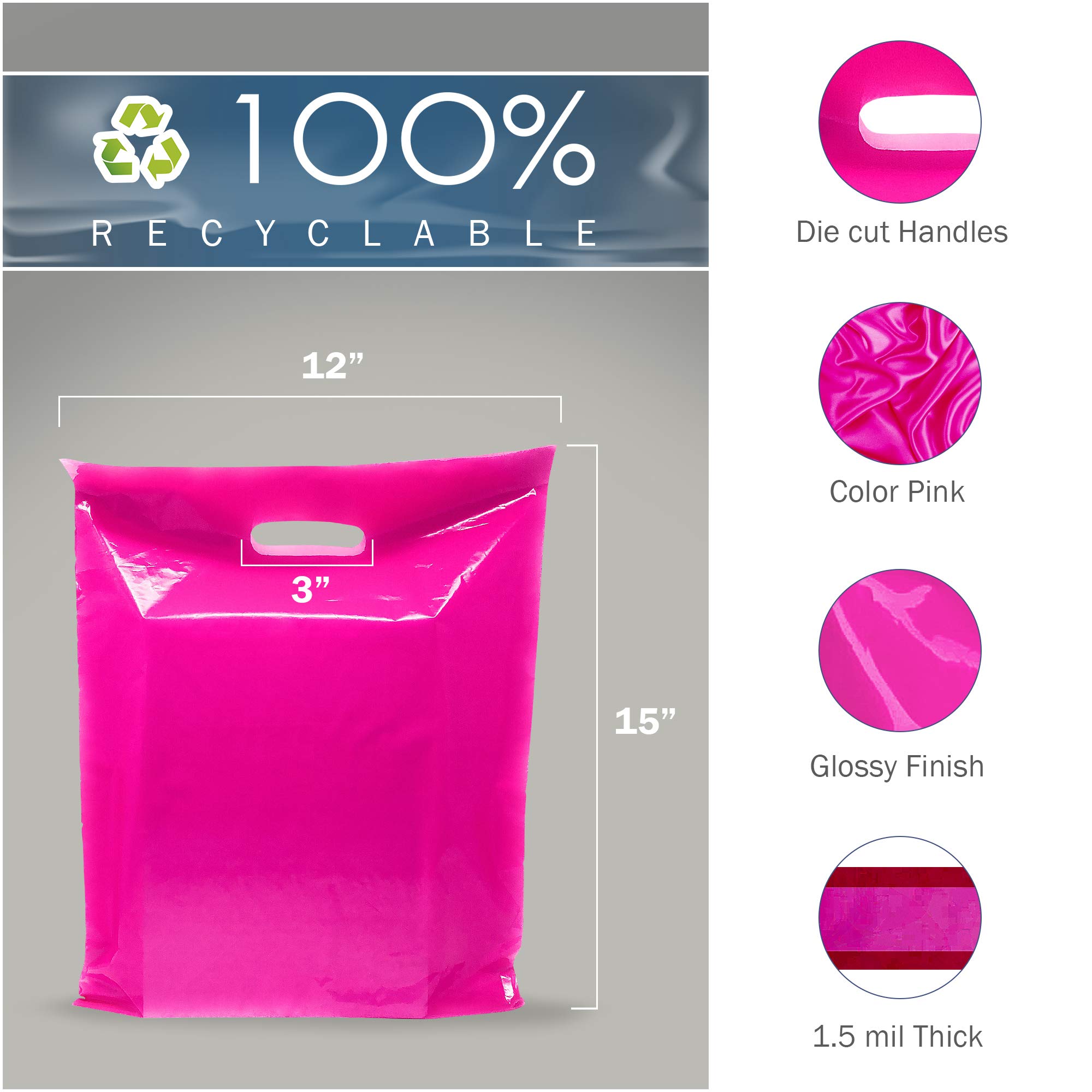 Różowe plastikowe torby na zakupy, 100 sztuk, 30 x 38 cm z grubymi uchwytami o grubości 1,5 ml, idealne do sprzedaży detalicznej, upominków na imprezę, urodziny, imprezy dla dzieci, kolor różowy, w