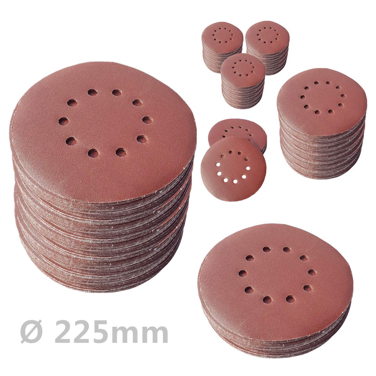 100 discos abrasivos de KLETT Ø 225 mm con 10 agujeros, grano P60, lijadora excéntrica de cuello largo, lijadora orbital de Bohrfux