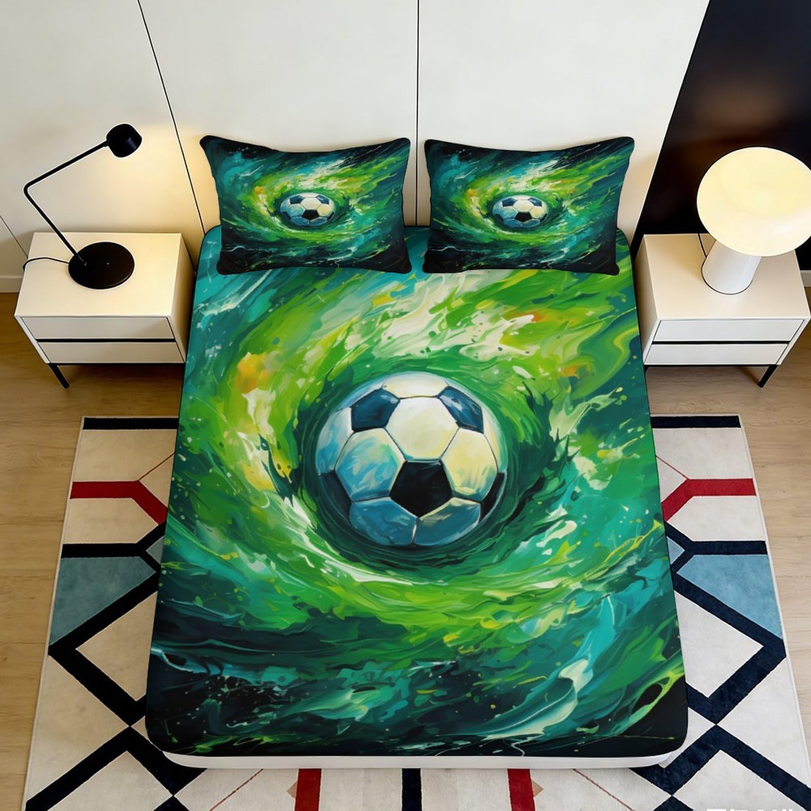 Jqzkxnhpbr Style-2 3D Printed Green Swirl Football Fitted Sheet Microfiber Soft Mattress Cover For Bedroom Guest Room Decor Protection 90X200x25cm