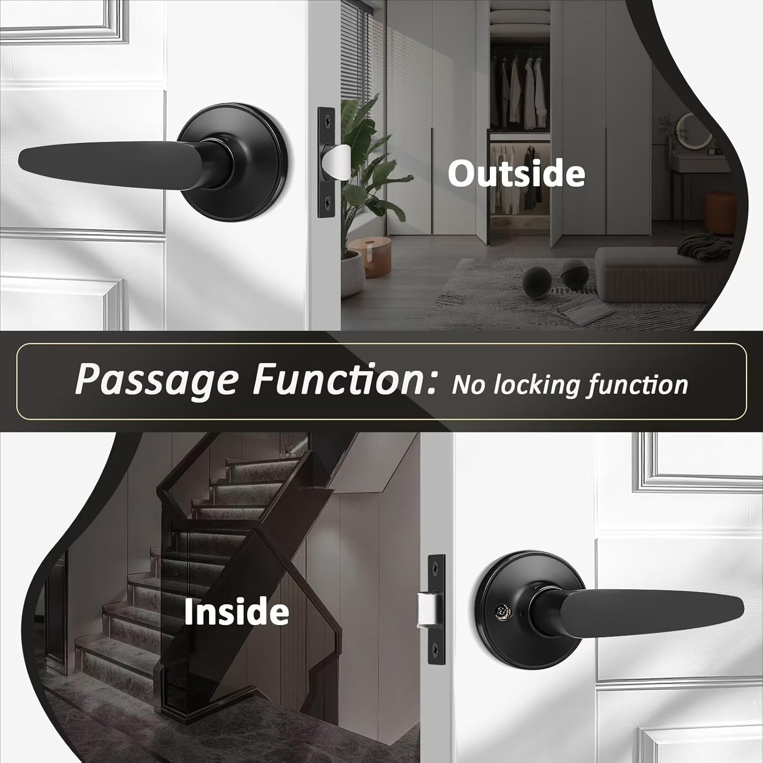 Probrico 5 Pack Passage Door Lever Black Door Handles, Keyless Door Knobs Door Lock for Hallway Doors, Closets, Lounge