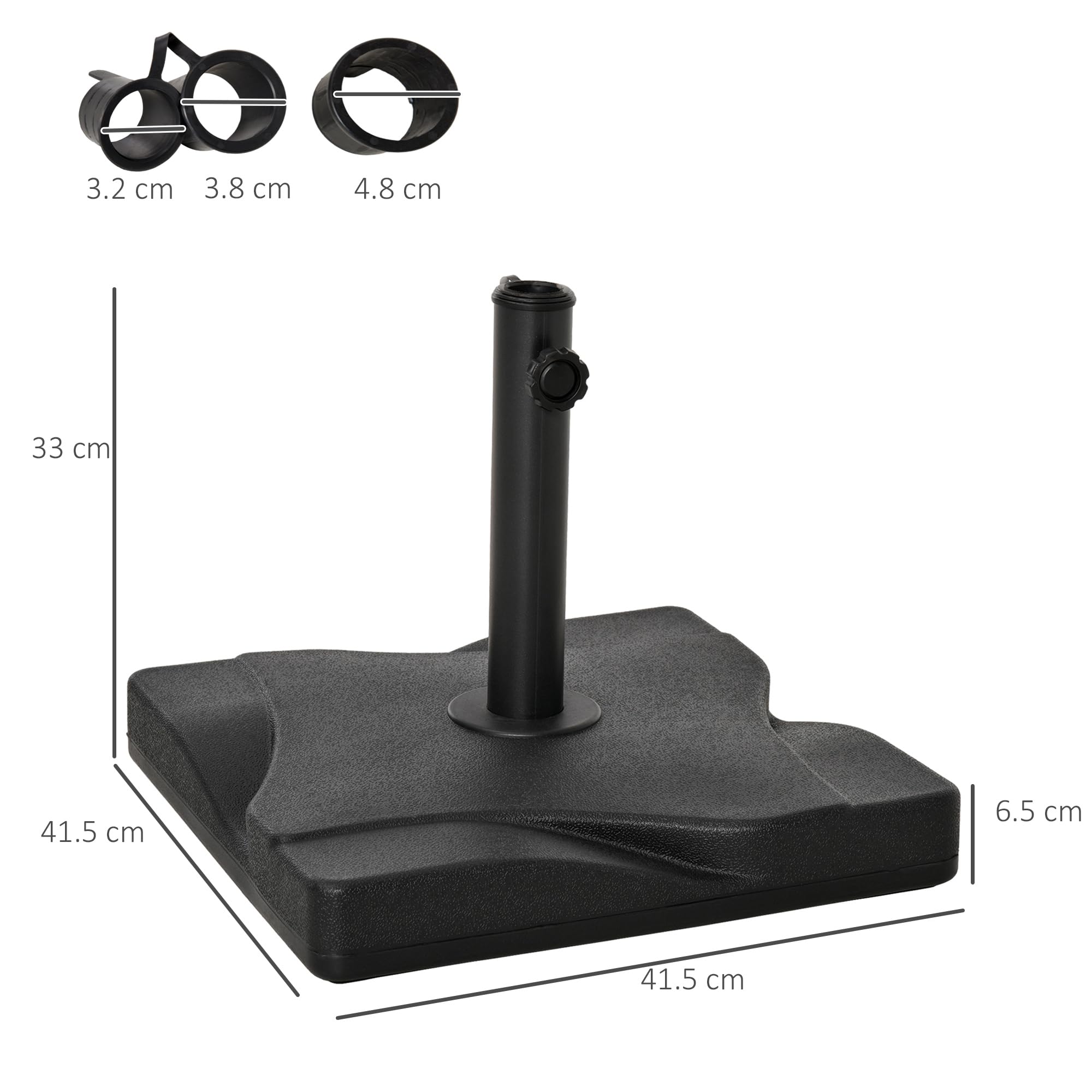 Outsunny Base per Ombrellone Quadrata in Plastica, Base Ombrellone da 41.5L x 41.5P x 33A cm da 20kg con Supporto per Pali da 32mm, 38mm, 48mm, Nero