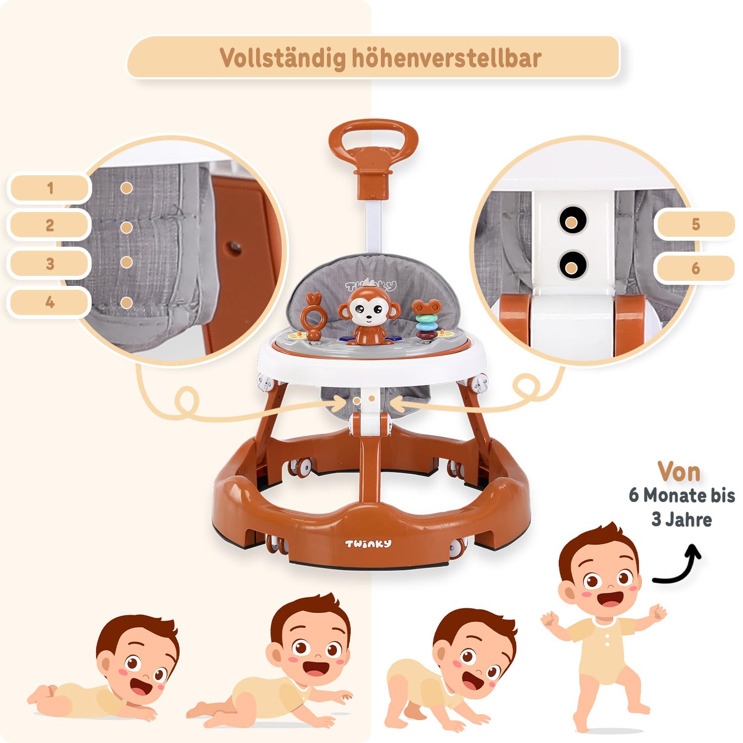 Twinky® Lauflernwagen mit Spielset & Bodenmatte - Robuste 4-fach verstellbare Vorschul-Lauflernhilfe - Ideal als Gehhilfe für die ersten Schritte Ihres Kleinen (Braun)