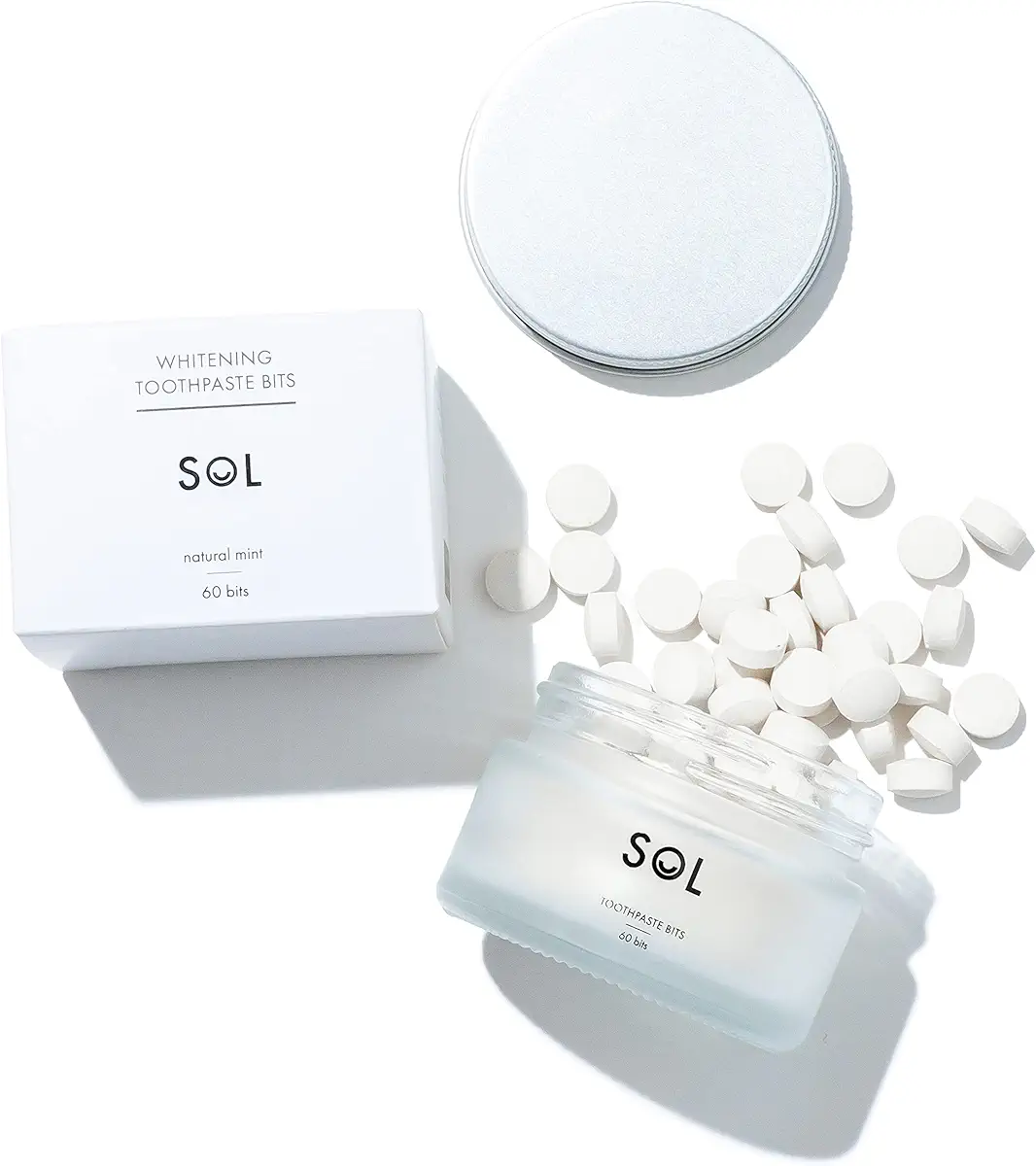 Sol Teeth Whitening Eco Friendly Toothpaste Tablets, Zero Waste Toothpaste Bits, Travel Friendly Reusable Glass Jar, Plastic Free, Vegan, Fluoride Free, Clean Fresh Breath, Mint Flavor Tabs, 60 Tablet