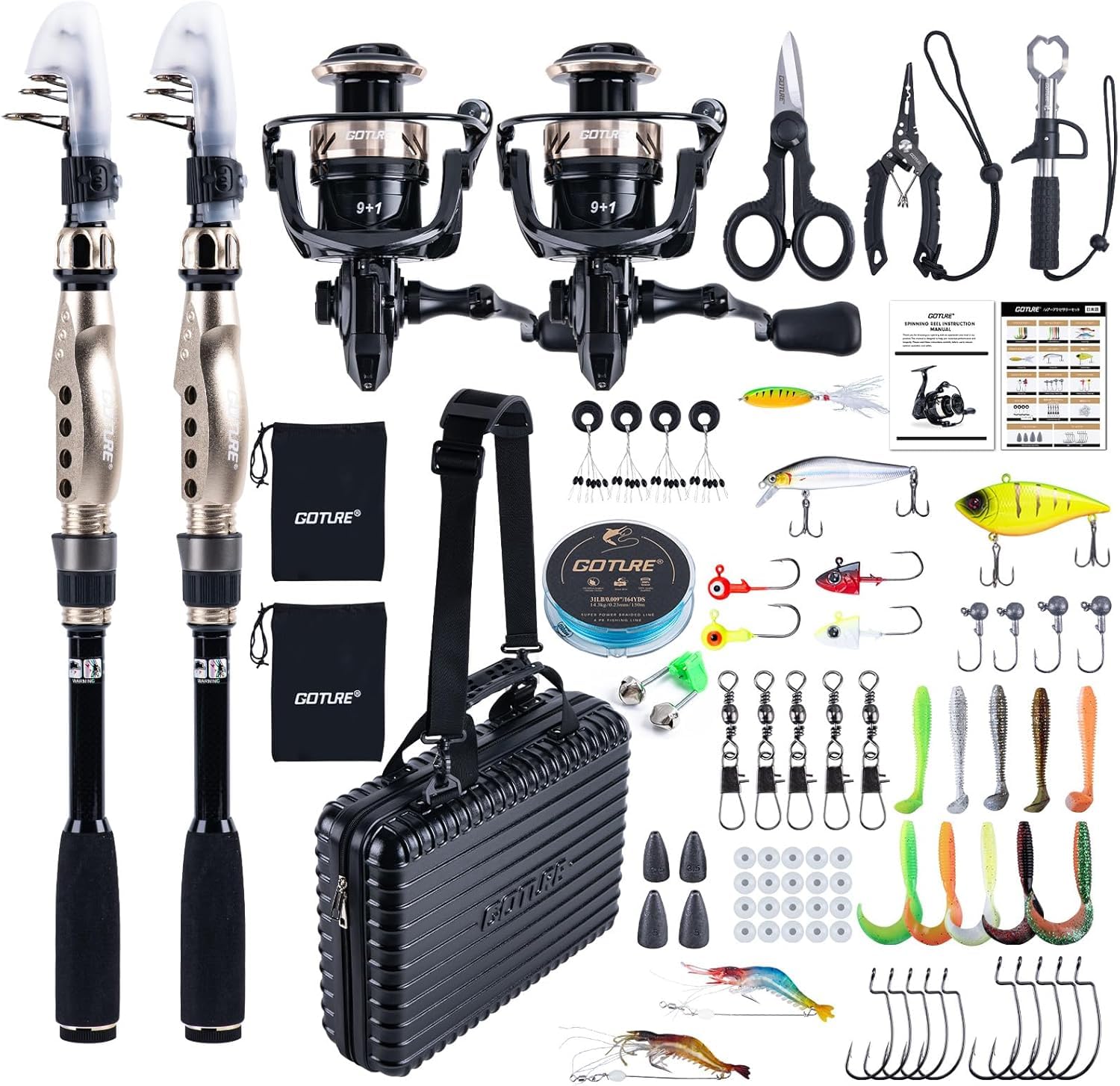 Goture Kit de pêche avec 2 cannes à pêche télescopiques (24T) - Canne à pêche télescopique - Kit complet 2 5.2:1 (9+1 Bearing), cordon, boîte à appâts et sac de transport - Pour eau salée et eau douce