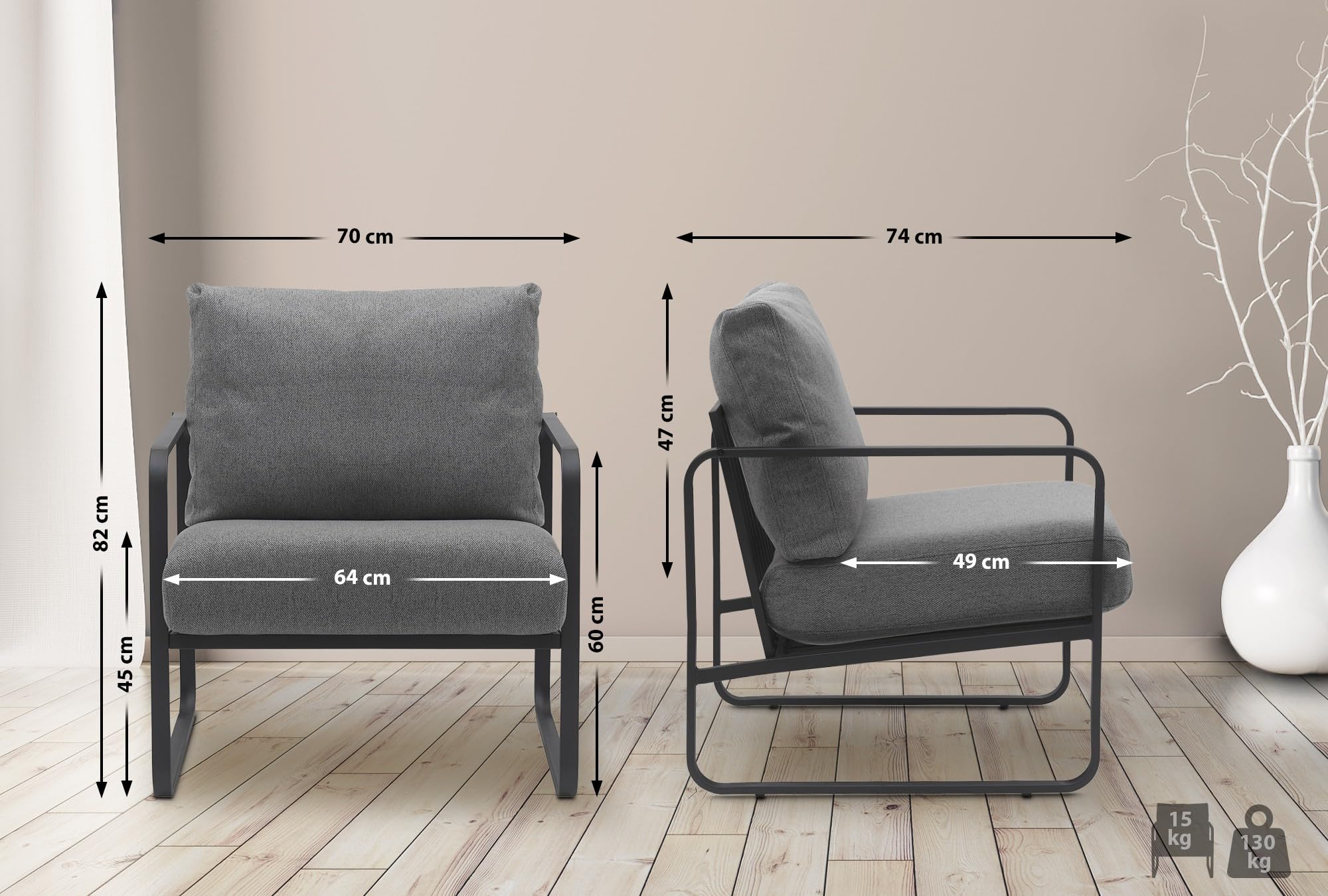 CLP Lounger Manea I Relaxsessel Kunstleder Oder Stoff Bezug I Mit Stabilem Metallgestell I Gepolsteter Clubsessel, Farbe:dunkelgrau, Material:Stoff
