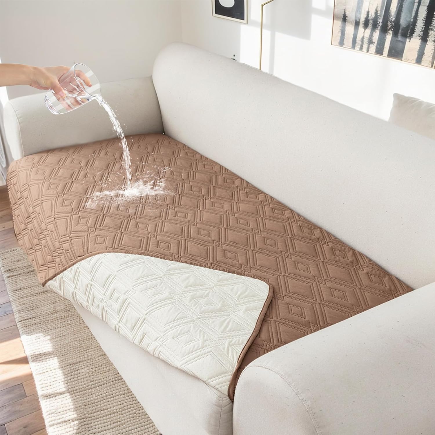 FASCINATDECO Waterproof Sofa Covers 4 Seater, Sofa Seat Cushion Covers, Non Slip Sofa Covers, Sofa Slipcovers, Pet Couch Covers, Washable Sofa Protectors from Pets Kids Dogs, Camel