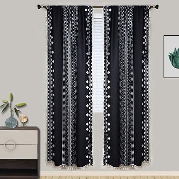 Bohemian Cotton Linencurtains for Living Room Bedroom Retro Curtain Window Separate Home Decor Bohemian Black Width x High 61.81" x 83.85" x 1PC
