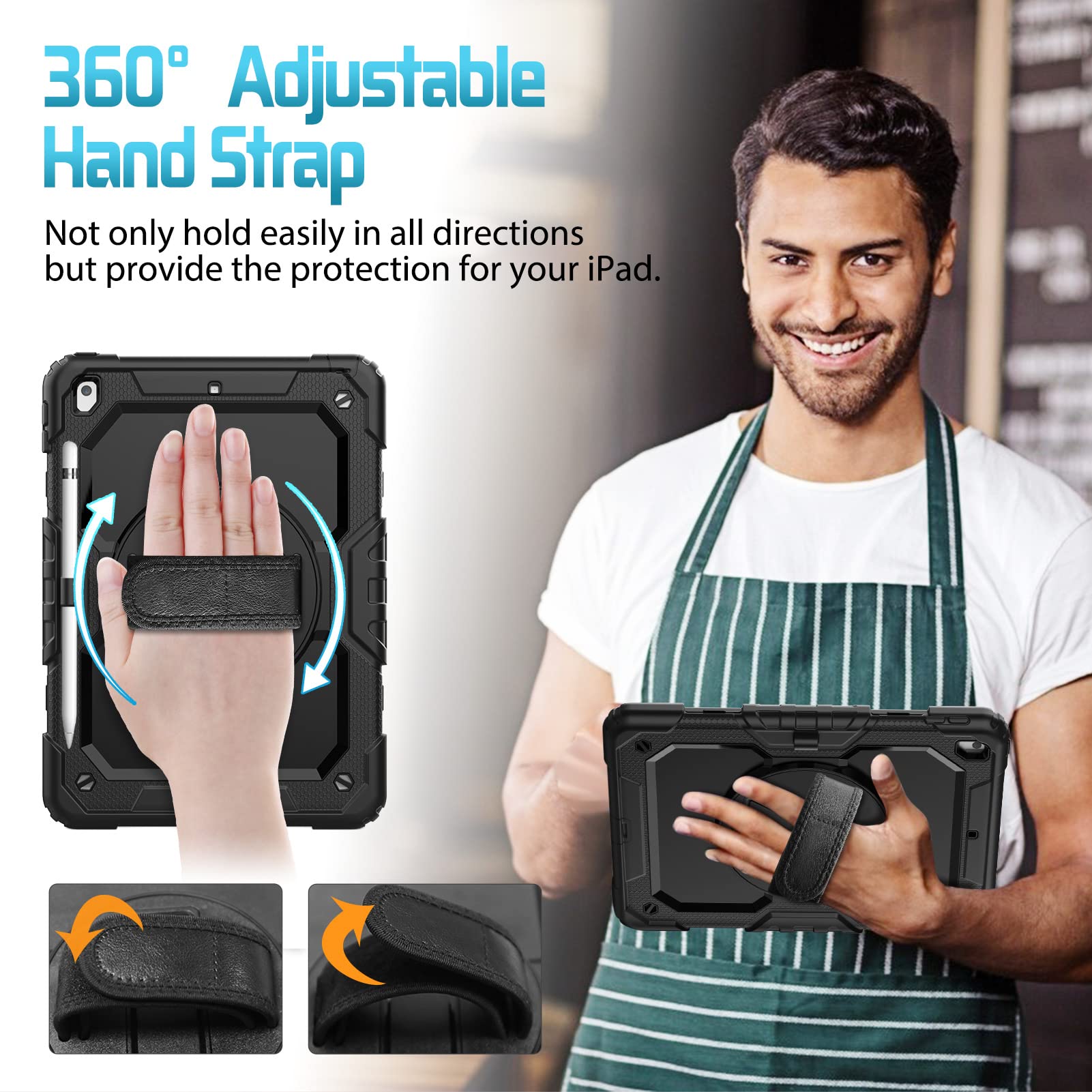 HXCASEAC for iPad 9th 8th 7th Generation Case, iPad Case 10.2 with Screen Protector/Pencil Holder/Rotating Hand Strap Stand, Heavy Duty Protective iPad 9/8/7 Case Cover 2021/2020/2019, Black