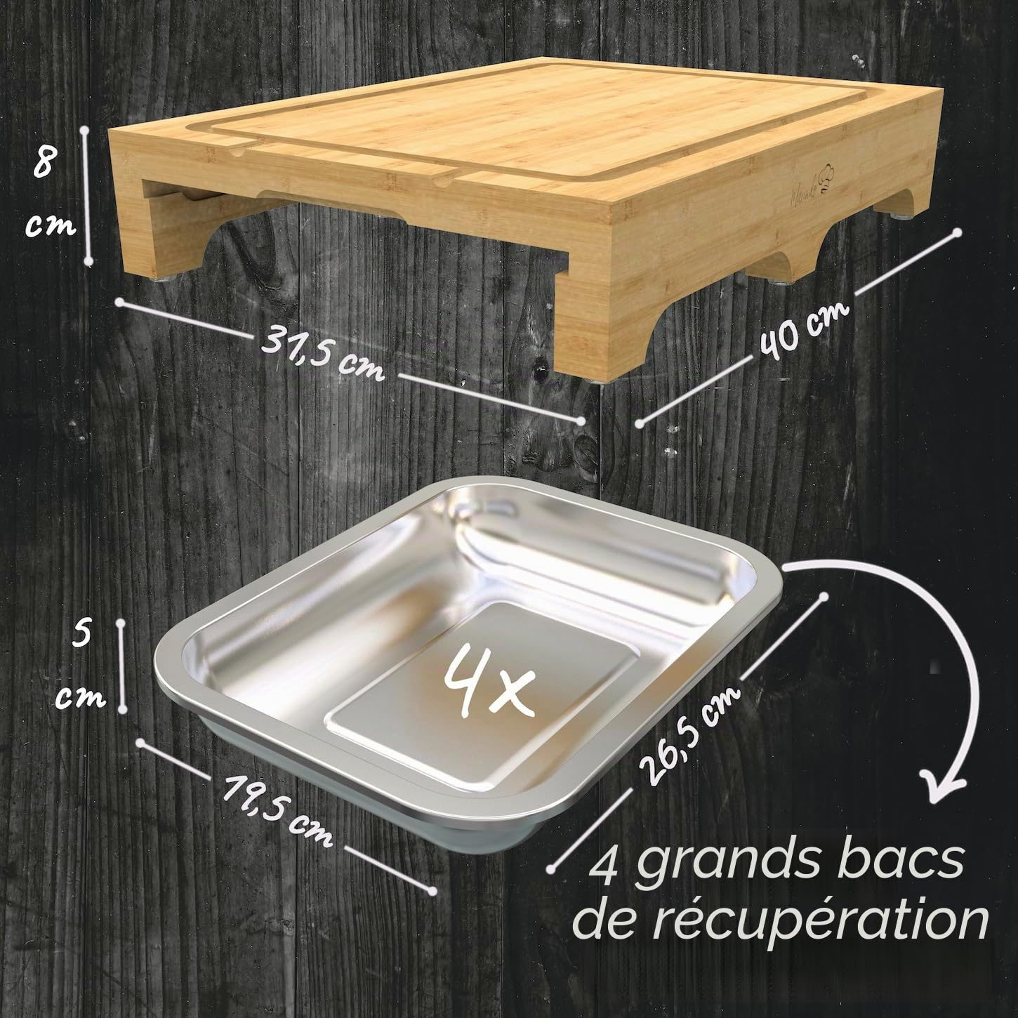 MARINDO Planche à découper en bambou avec 4 bacs de récupération en acier inoxydable | Planche à découper en bambou avec rainure à jus
