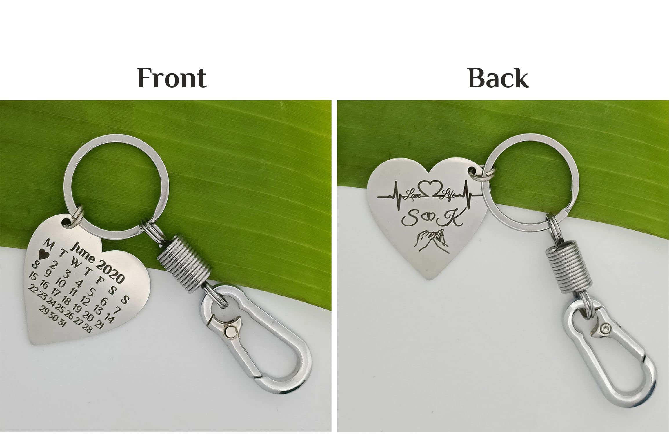 SUHAAVANA Customize Gift Personalized Calendar Key Chain with Memorial Date and Name on Matt finish Steel Metal for occasion Anniversary Loved one Birthday Valentine Day (Heart Shape 38x38MM) 3