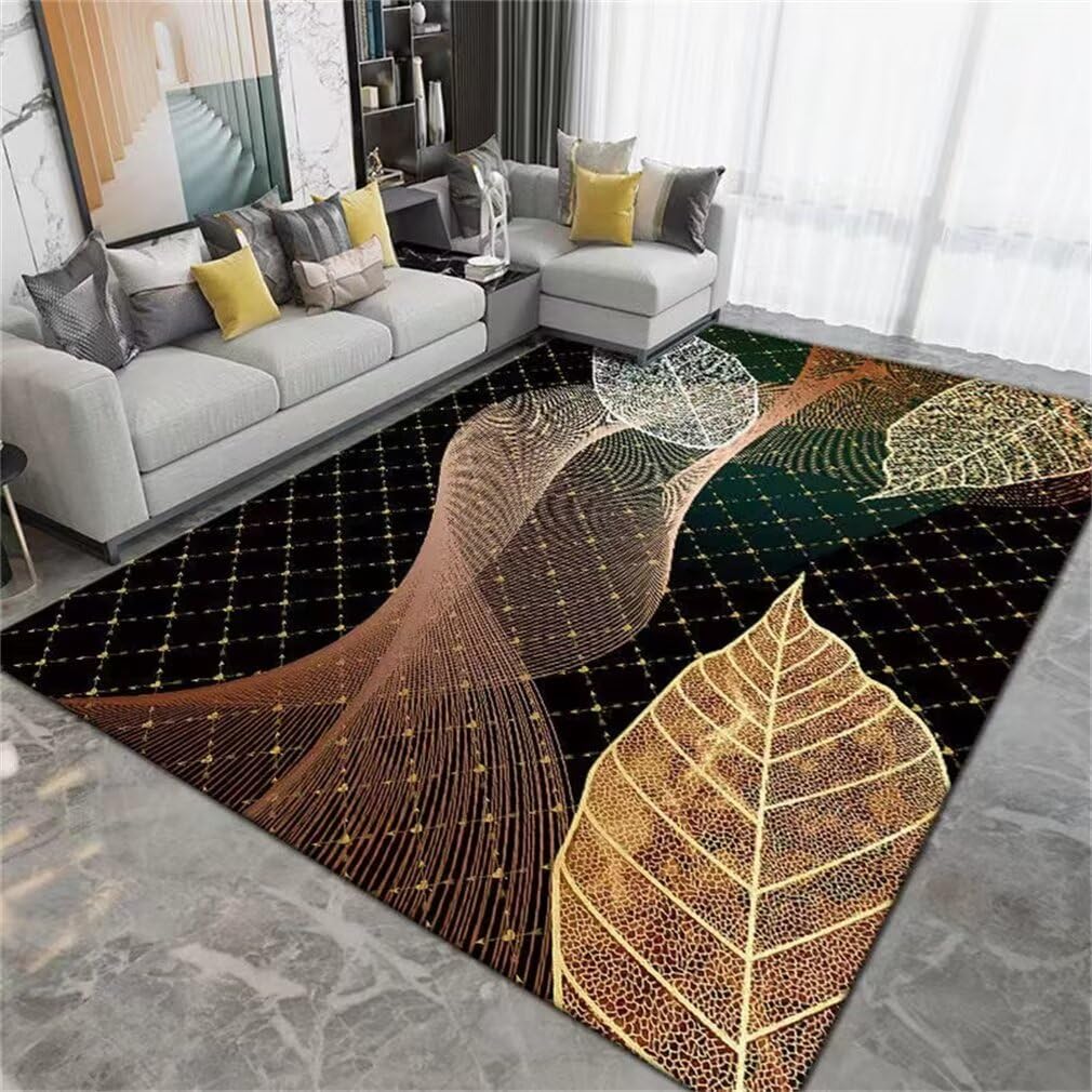 Tapis pas chers 100x210cm lavable grand confort noir à motif feuilles jaunes pour salon