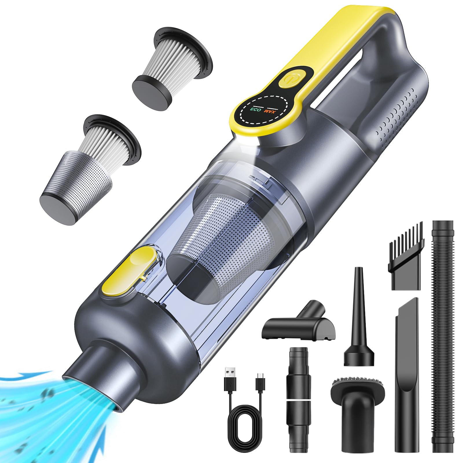 botatio Handstaubsauger, 26000 Pa Akku Staubsauger Kabellos, One-Touch Staubentleerung, Bürstenloser Motor, 4-in-1 Multifunktionaler Auto Staubsauger Stark, mit HD Display und LED Beleuchtung, Gelb