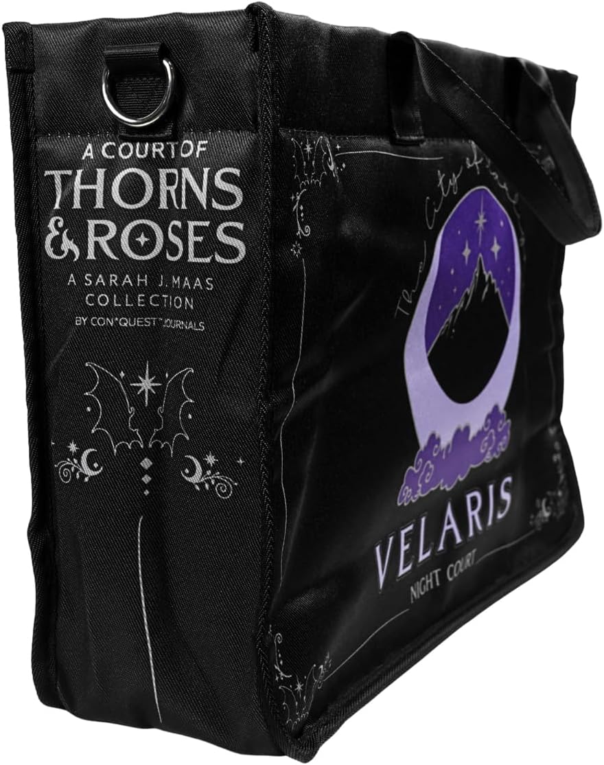 ConQuest Journals A Court of Thorns and Roses Night Court Tote Bag, Twin Handles, 38'' Adjustable Crossbody Strap, Sarah J. Maas ACOTAR Velaris Design, Bookish Interior Lining, Officially Licensed