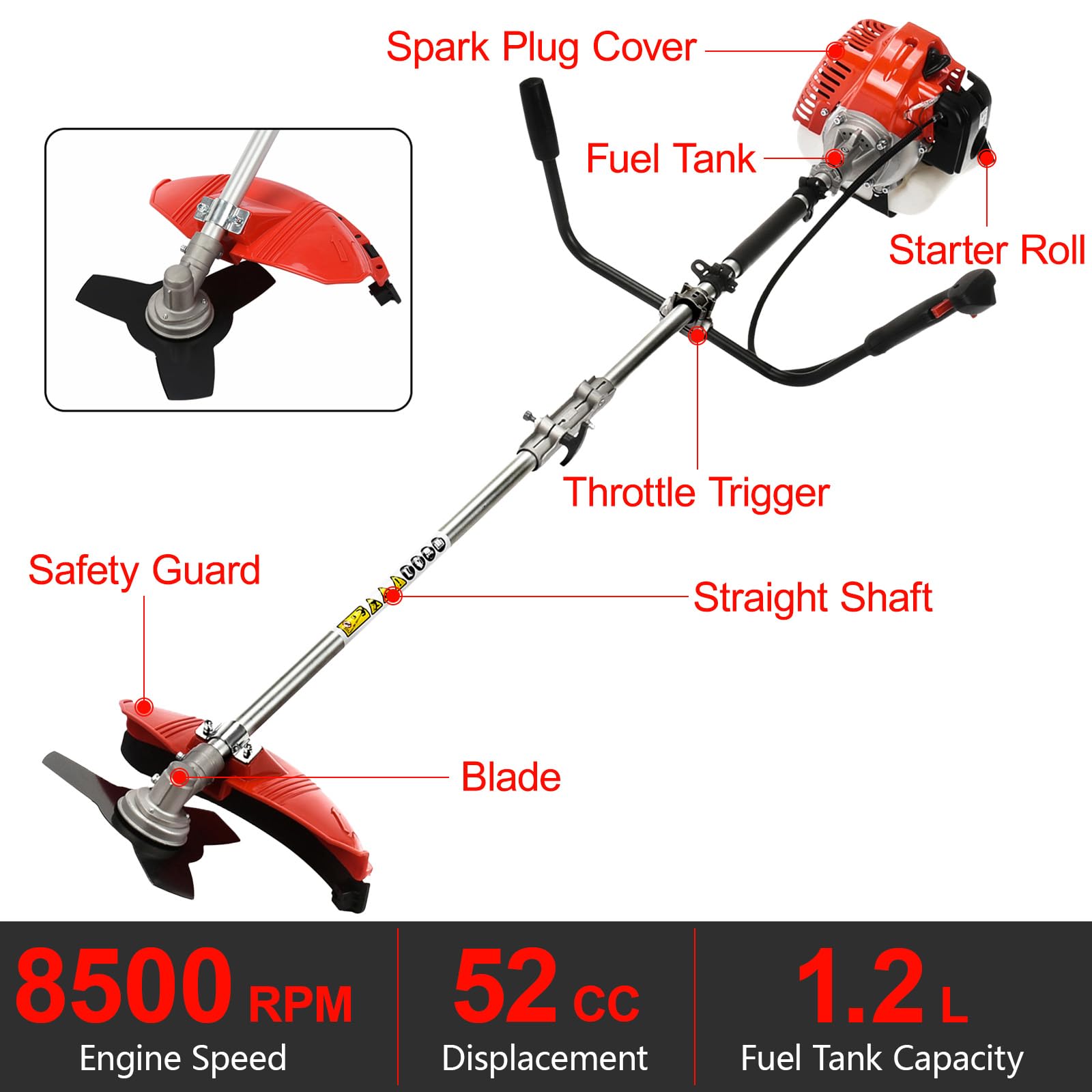 Desbrozadora de gasolina de 52 cc, desbrozadora de malezas a gas de 2 tiempos con tanque de combustible de 1.2 L, 2.2 KW/8500 rpm, trayectoria de corte de 11 pulgadas, potente cortador de cepillo a