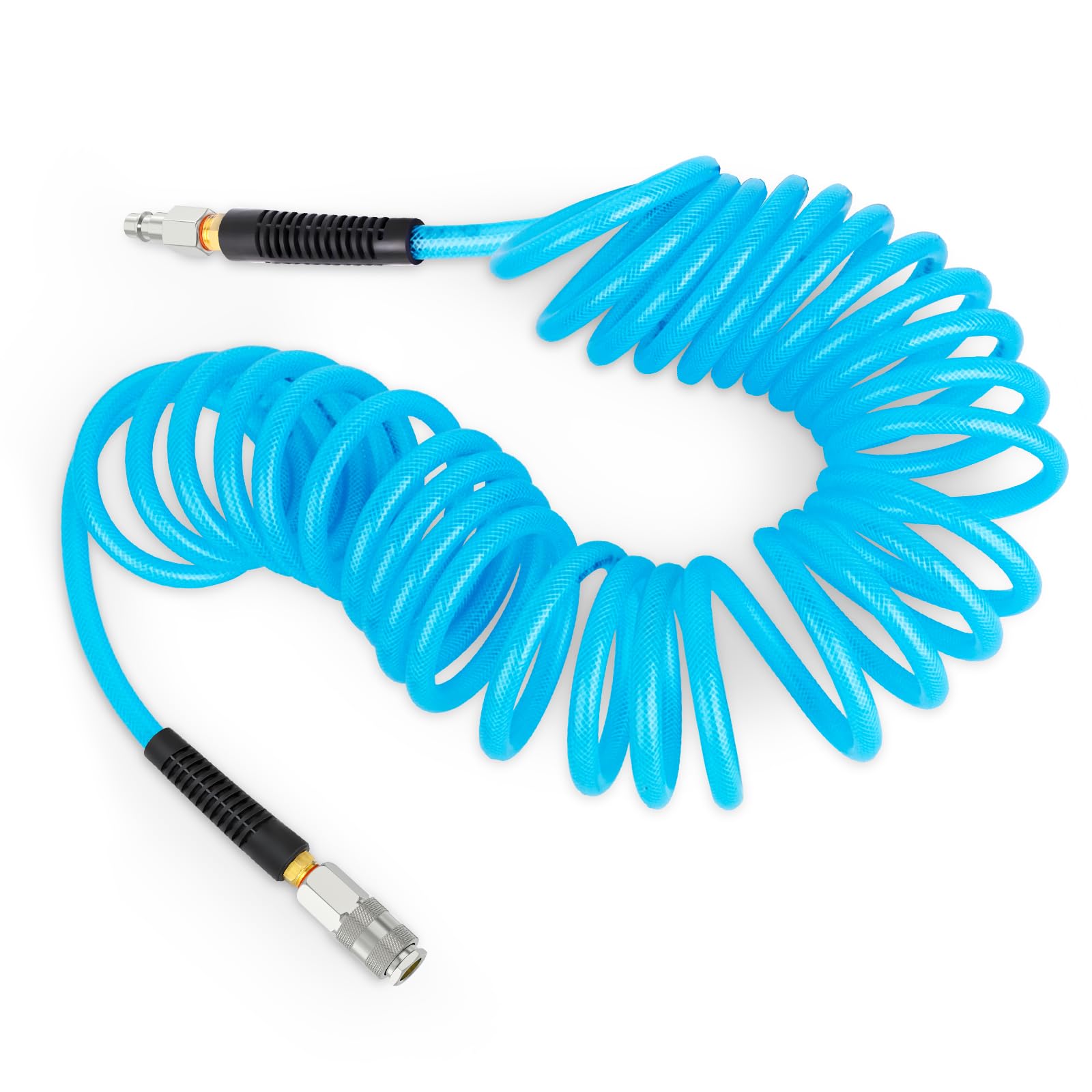 TAILONZ PNEUMATIC 1/4" x 3M Reinforced Polyurethane Recoil Air Hose with Bend Restrictor, 1/4" Industrial Quick Coupler and Plug
