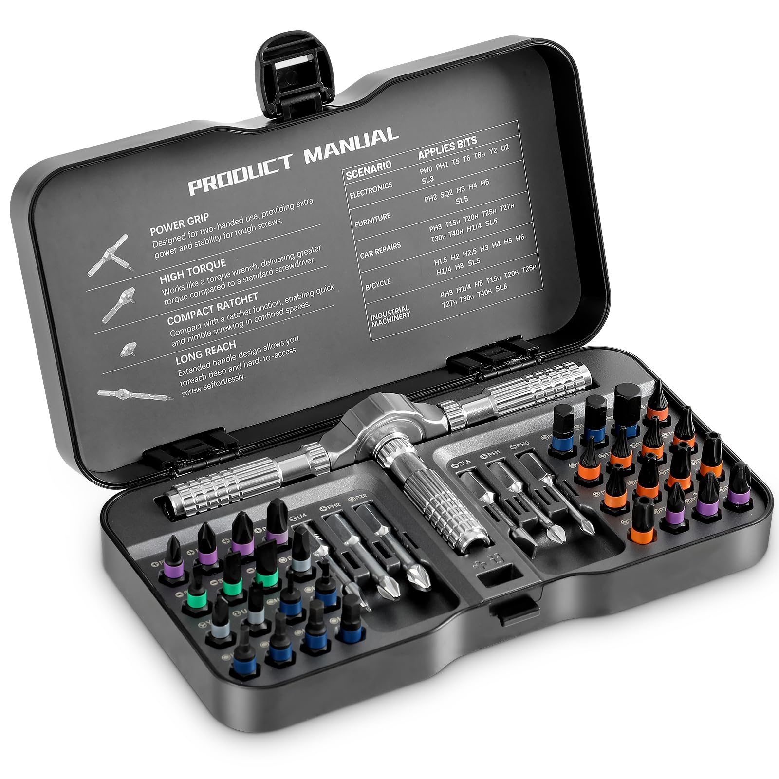 Sopclane 40 In 1 Ratcheting Screwdriver Set,Multi S2 Steel Bits with Detachable Ratchet Handle,Ratchet Screwdriver Set for Furniture Assembly,