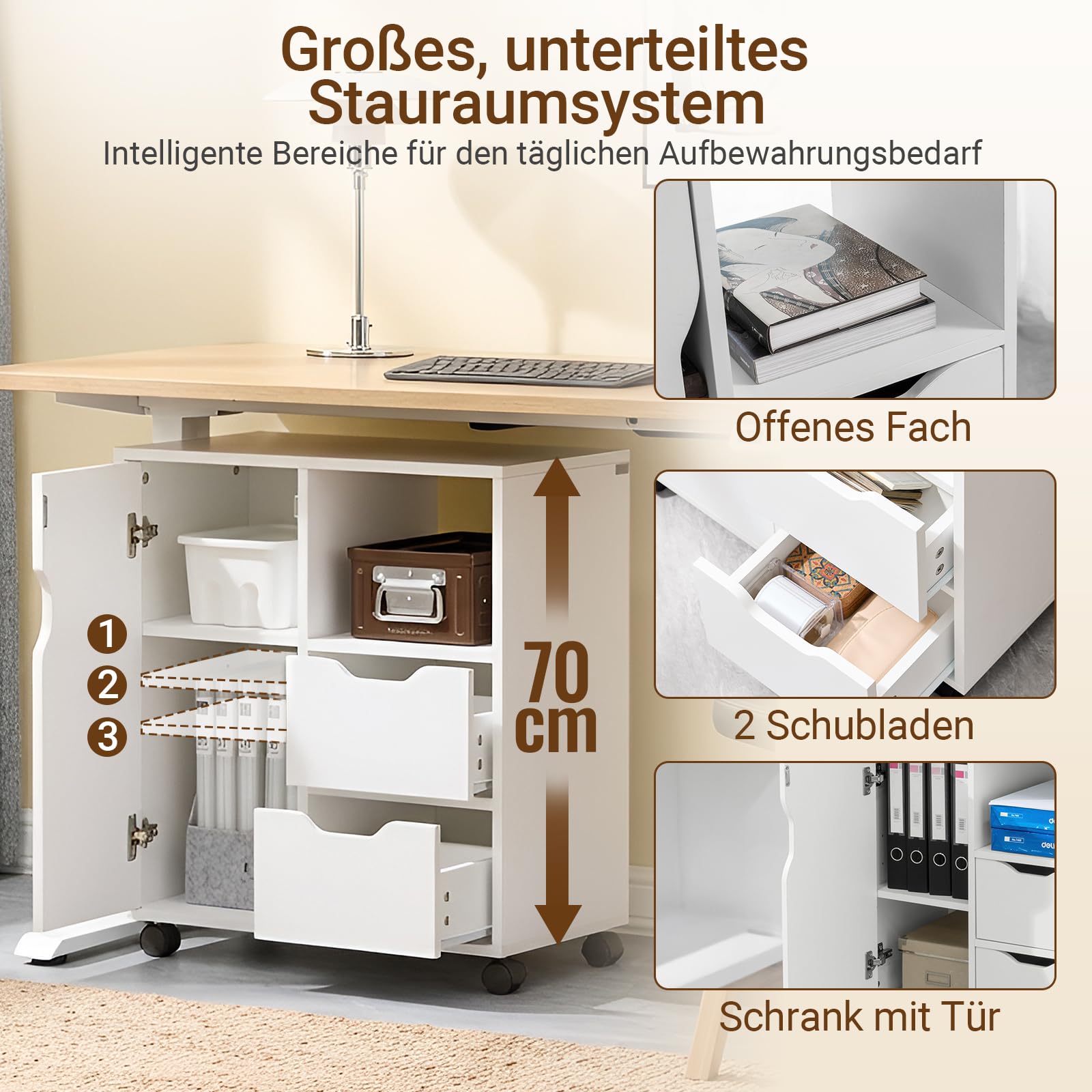 SoBuy Rollcontainer mit 2 Schubladen und 1 Tür Druckertisch mit Rollen Schreibtisch Unterschrank Rollcontainer Büromöbel Weiß 60×70×35 cm FBT105-W