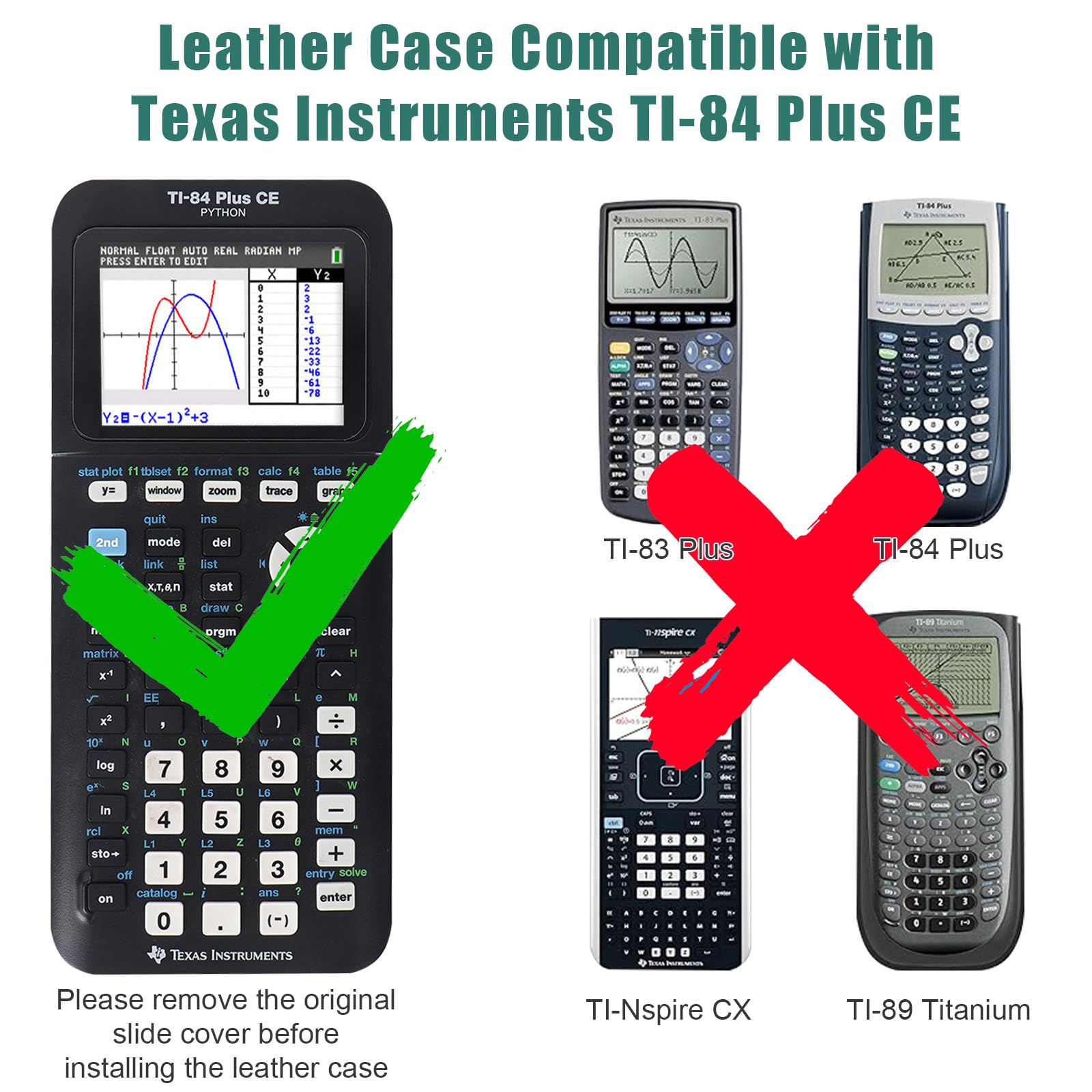 YouKnow Étui de protection en cuir synthétique compatible avec calculatrice graphique couleur Texas Instruments TI-84 Plus CE avec fente pour carte d'identité (étui uniquement) (vert)