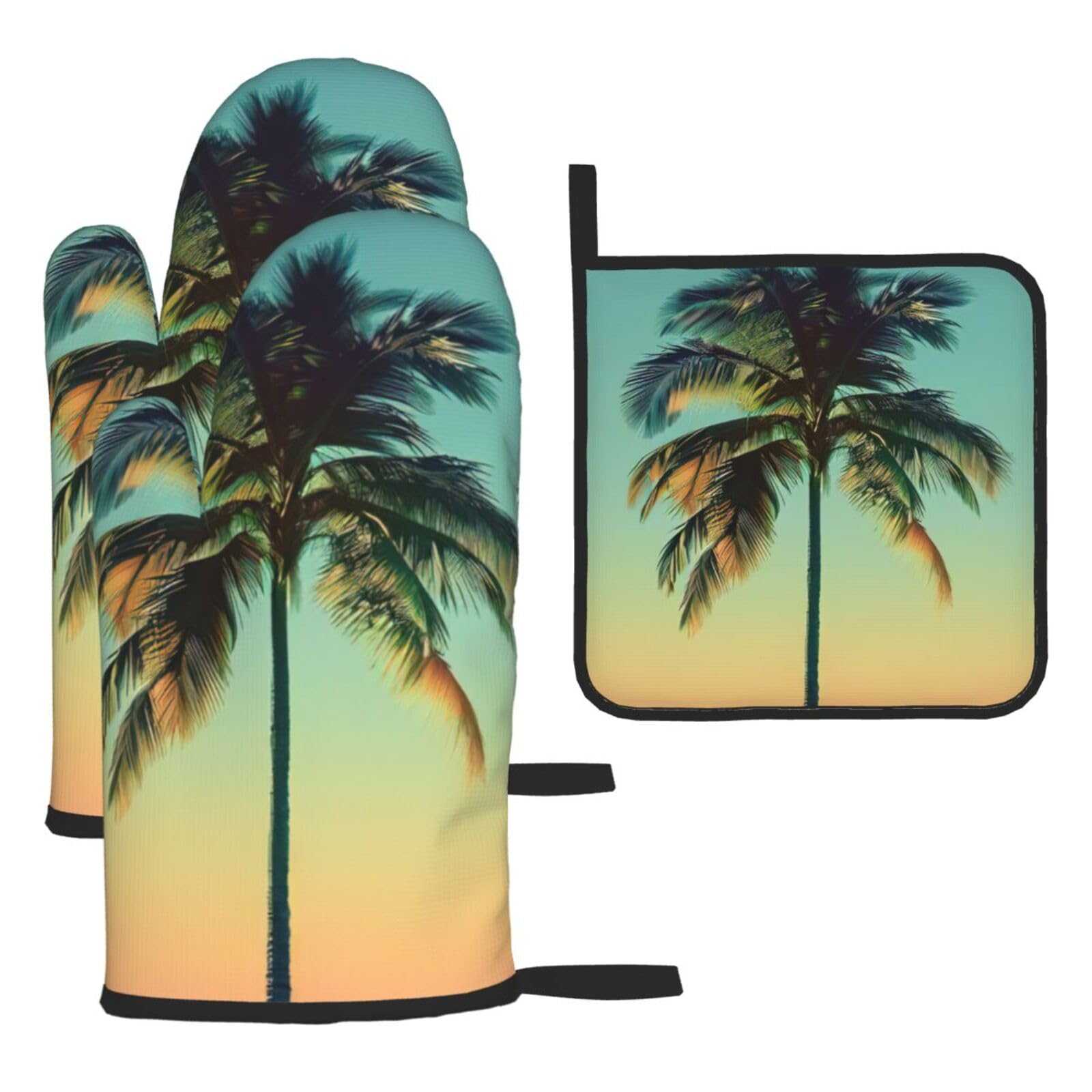 Palm Tree Print Oven Kitchen Gloves For Baking Outdoor Grilling Home Use Mitts Microwaving Bbq