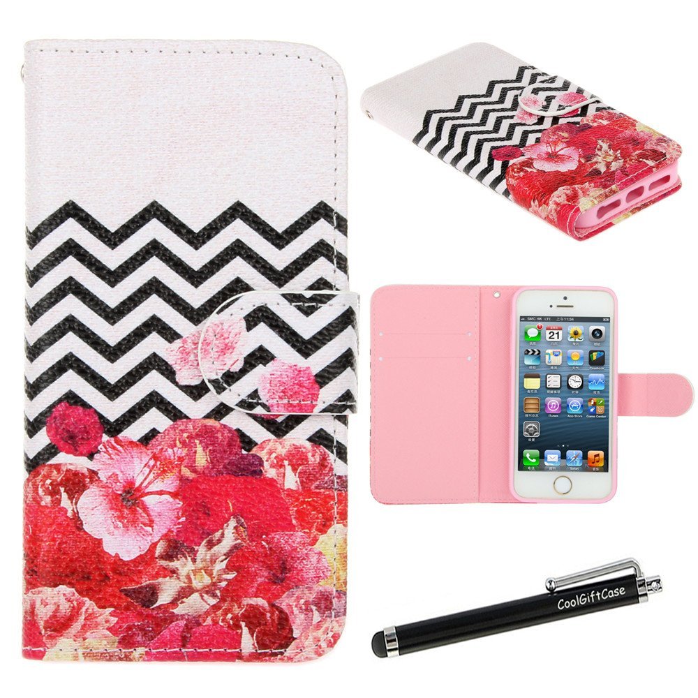 5S Phone Bag, iphone SE Carrying Case - Chevron Zig-Zag Red Flower Pattern PU Leather Wallet Case Stand Cover with Card Slots Cash Compartment for Apple iphone SE iphone 5S + CoolGiftCase Stylus