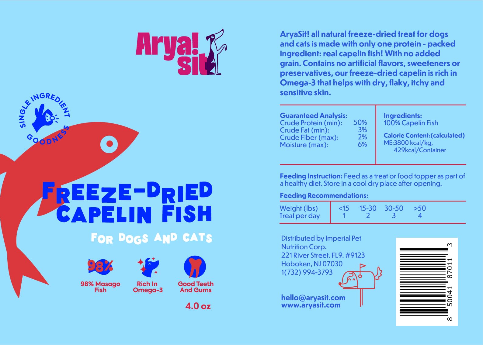 Arya Sit! - Freeze-Dried Single Ingredient Treat (Quail Egg Yolk) for Dogs and Cats - High Protein · Rich in Lecithin for Healthy Coat · No Artificial Ingredients · 4 oz/8 oz: Caplin Fish