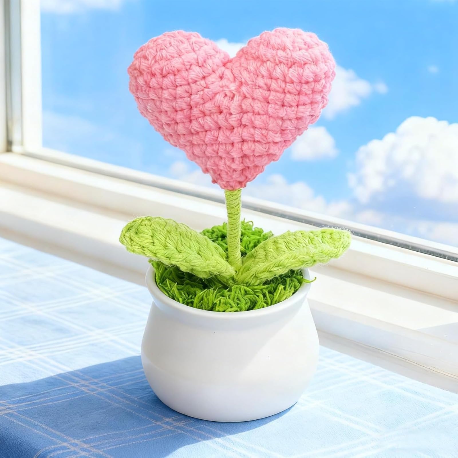 Crochet Potted Plants, Mini Knitted Decorations, Suitable for Home/Office/Gift-Giving, Eco-Friendly Desktop Ornaments, Pink Heart Accents