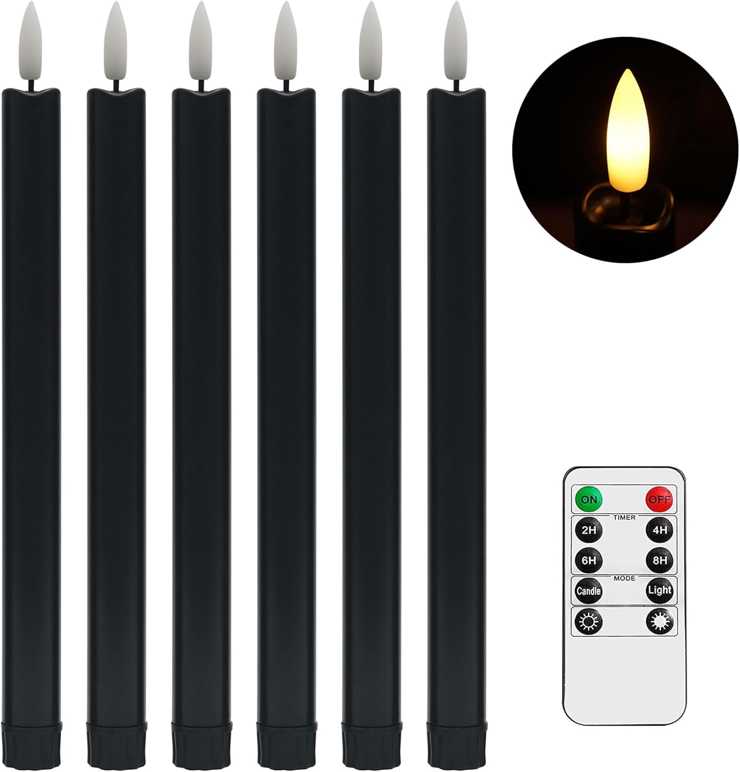Stmarry Black Flameless Taper Candles with Remote - 10 Inch LED Candlesticks Flickering, Realistic 3D Flame with Wick, Warm White Light, Home Halloween Decor, Automatic Timer - Set of 6