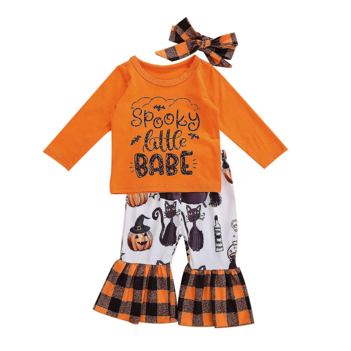 Toddler Baby Girl Halloween Outfit Long Sleeve T-Shirt Tops Pumpkin Pants Headband Halloween Costumes 3PCS Outfit Set
