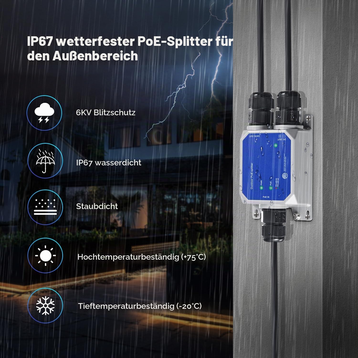 MokerLink IP67 Outdoor 2.5 Gigabit PoE Splitter, 10/100/1000/2500Mbps, IEEE 802.3 af/at/bt PoE in, DC12V 5A Out, Max 65W, Wandmontage Metall Wasserdicht