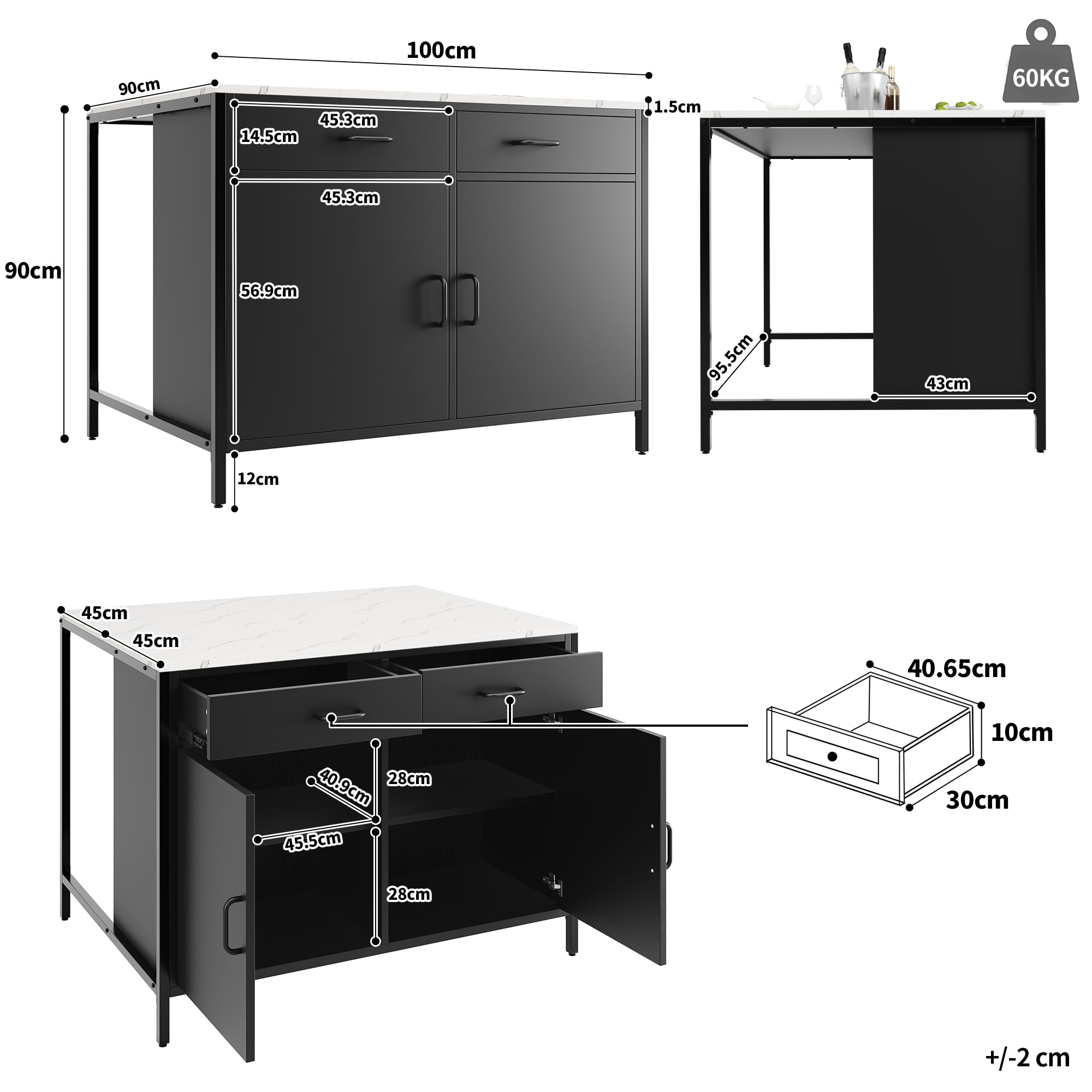Piano di lavoro cucina isola cucina con ampio piano di lavoro con struttura in marmo 100 x 90 x 90 cm, semplice tavolo nero con 2 cassetti e 4 ripiani, piedini regolabili