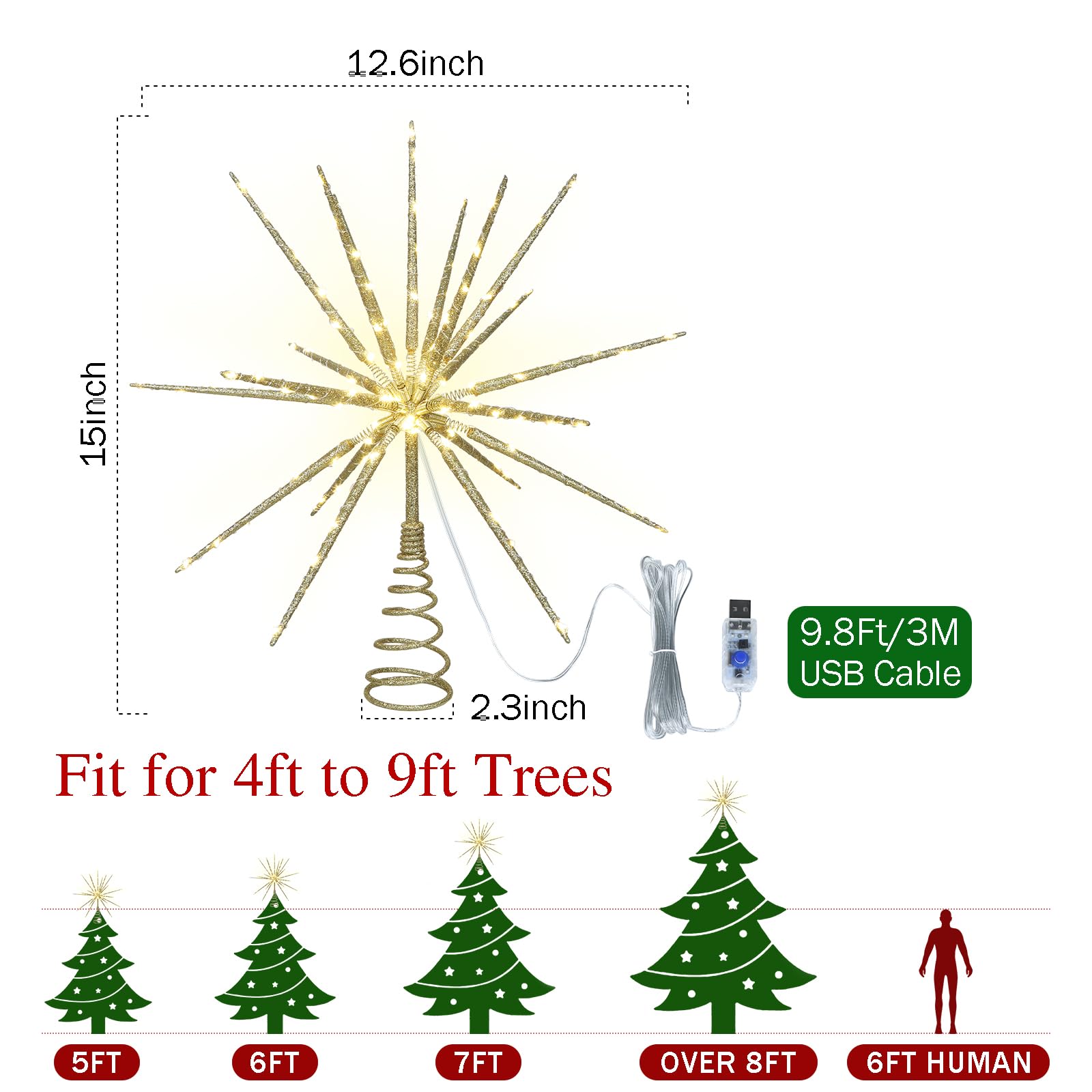 HMASYO Étoile scintillante de 38,1 cm, étoile dorée à 19 branches avec 150 LED, télécommande et minuterie, alimentation USB pour intérieur, maison, vacances, fête, décoration de sapin de Noël