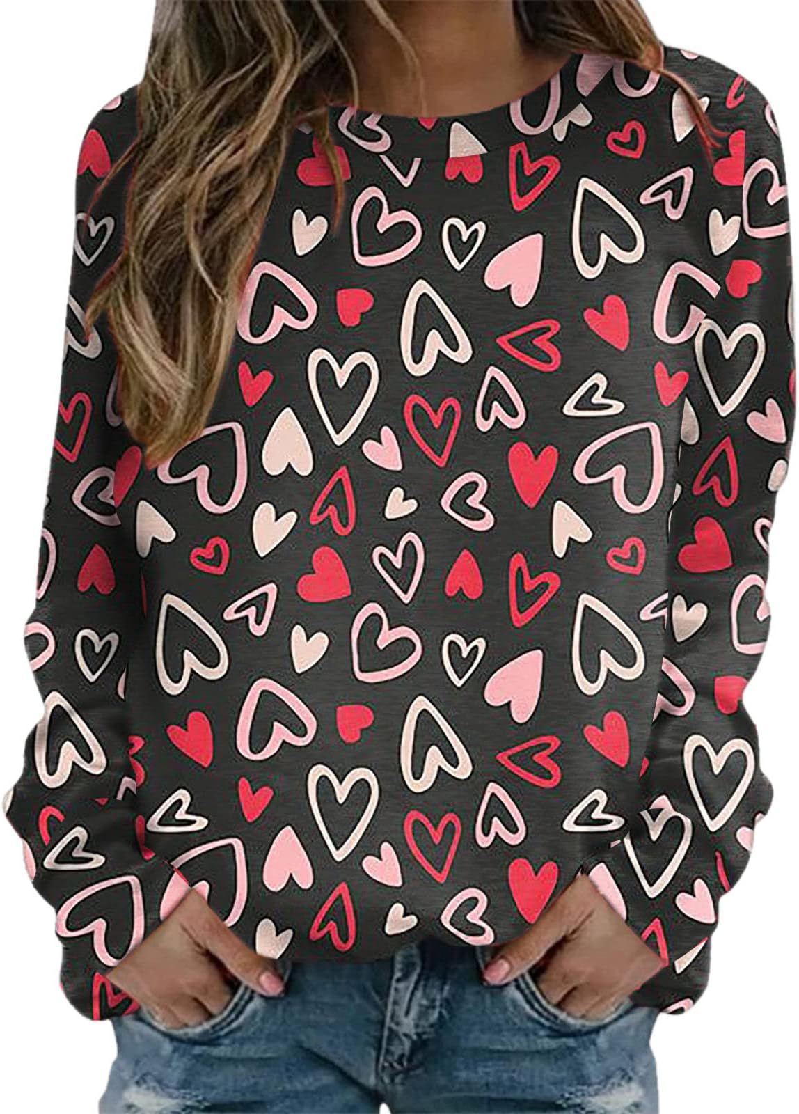 AMDOLE Ladies Hoodie Fleece Valentines Day Sweatshirts For Women Love Heart Letter Print Sweatshirt Loose Crew Neck Graphic Pullovers Tees Sweatshirt for Teens